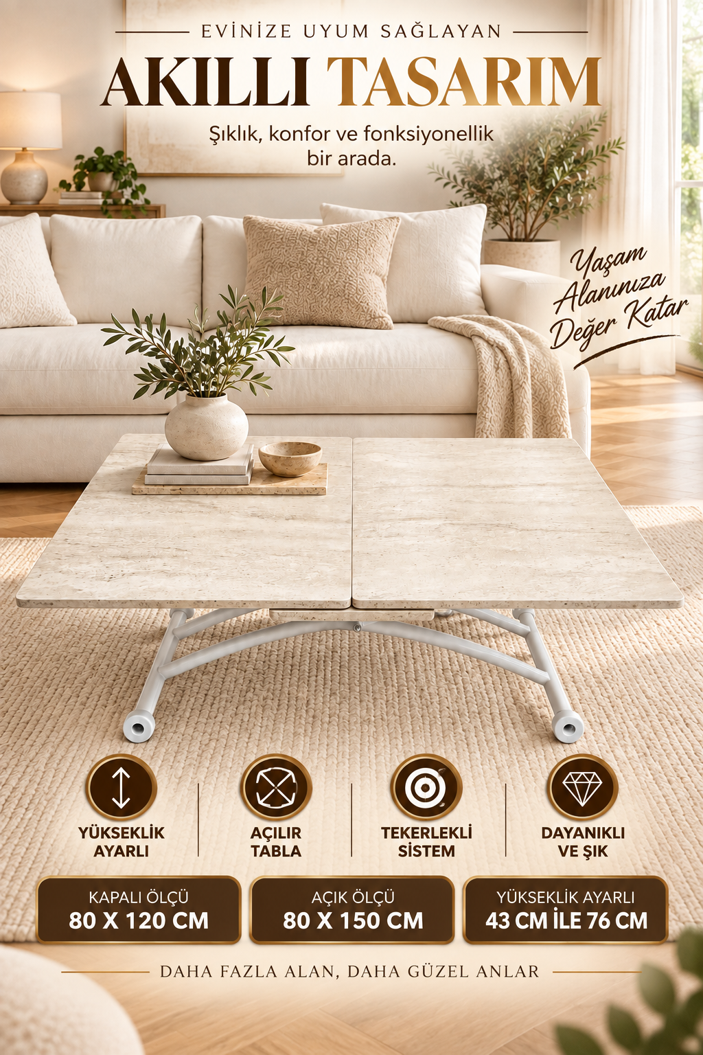 Expandable Square Smart Table | Travertine MDF & White