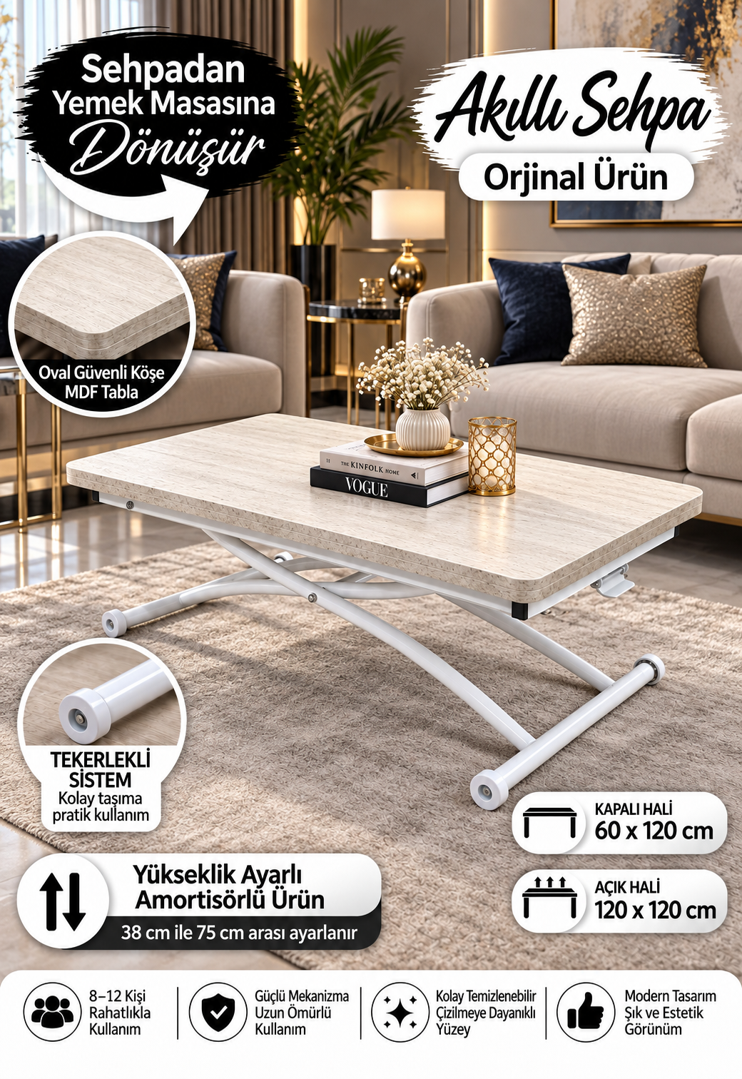 Juppo Smart Coffee Table – Travertine MDF Top & White Outwardly Curved Metal Legs