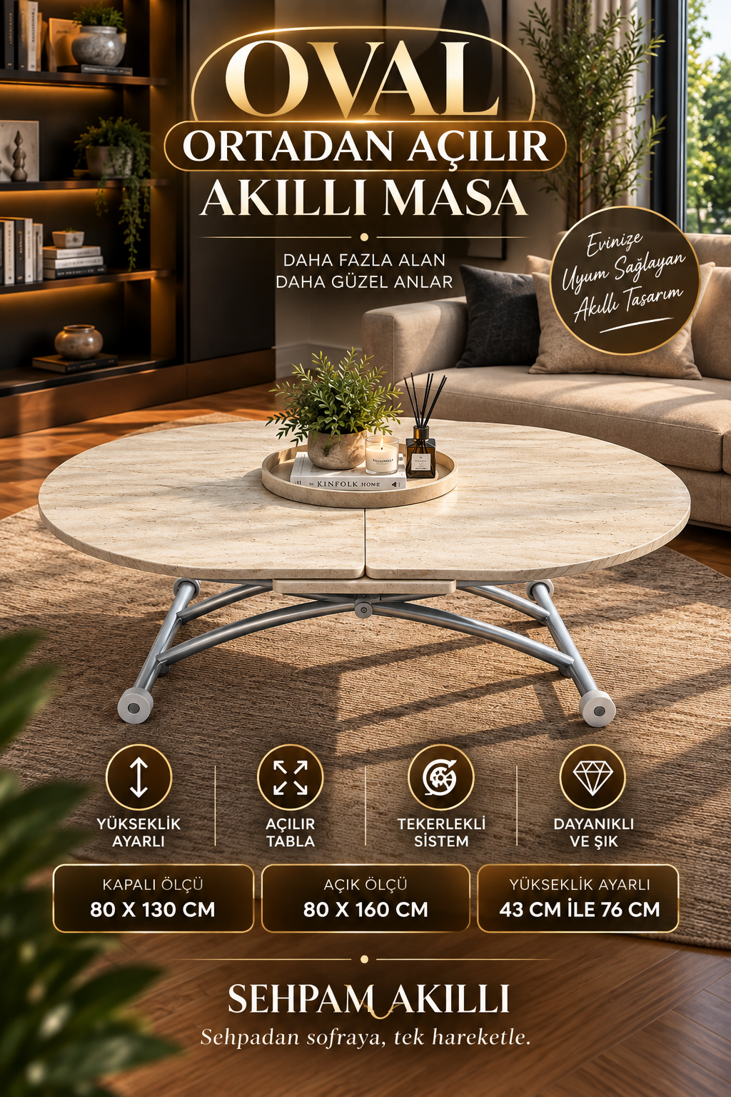 Oval Extendable Smart Table | Travertine MDF & Chrome
