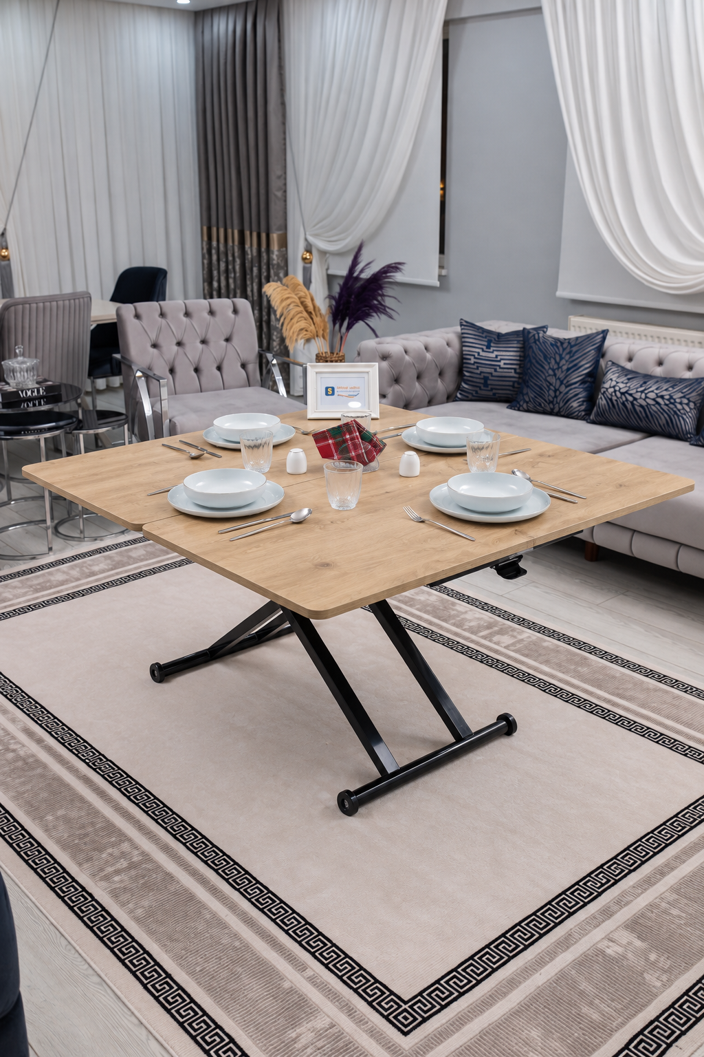 Home Smart Coffee Table – Antique Light MDF Top & Black Metal Legs