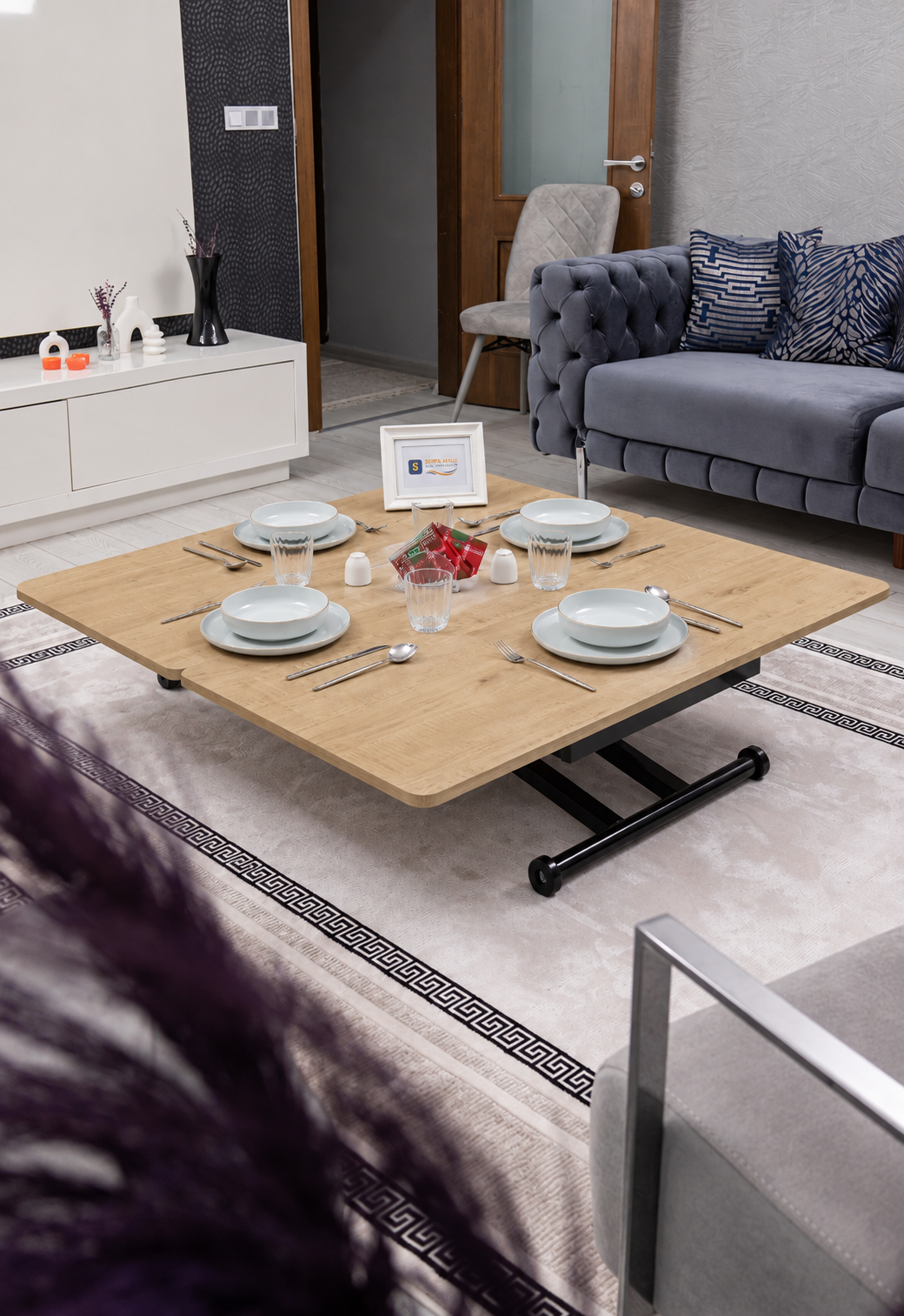 Home Smart Coffee Table – Antique Light MDF Top & Black Metal Legs
