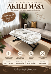 Oval Side Opening Smart Table | White Marble & Black