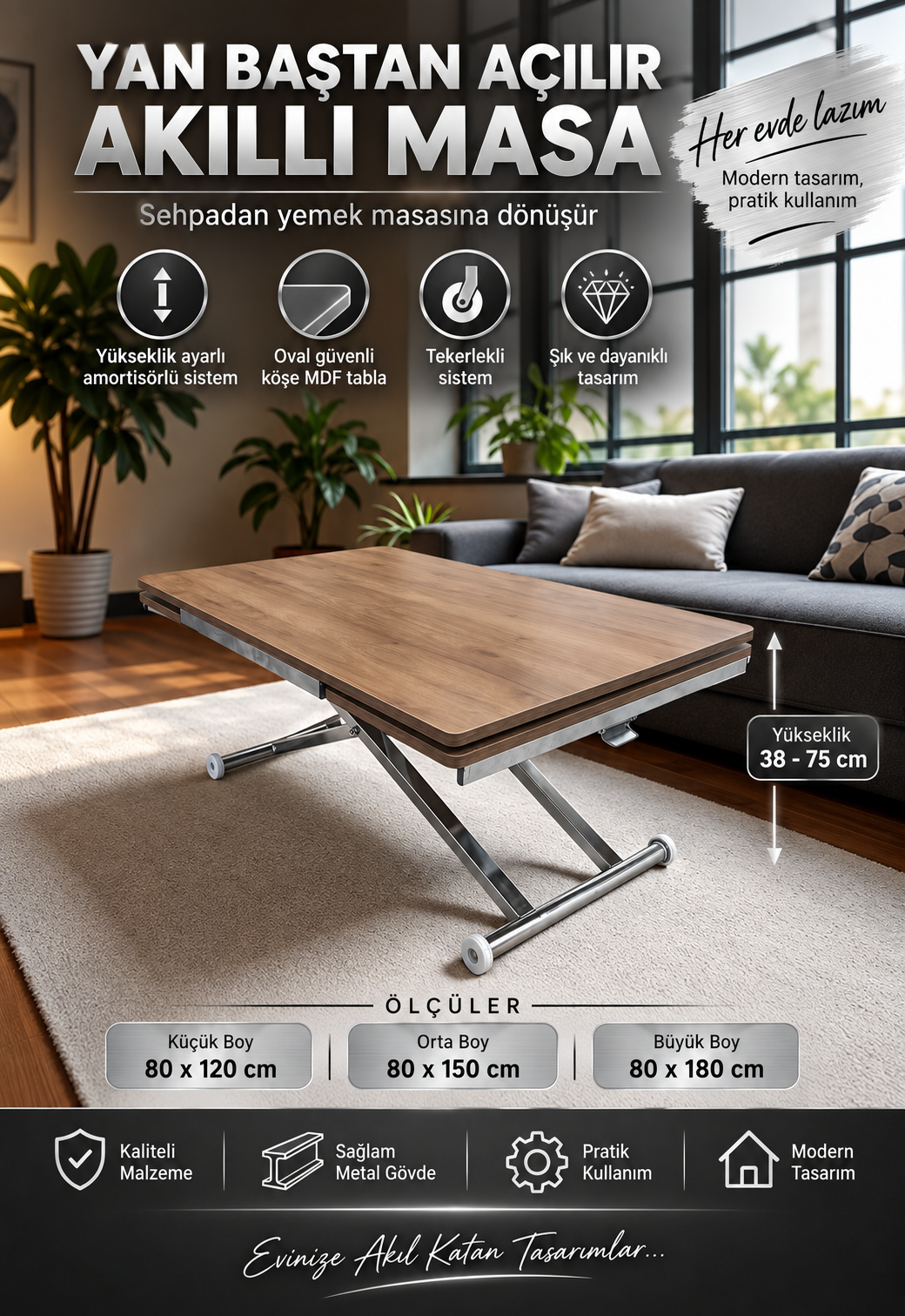 Smart Table with Side Opening | Walnut MDF Top & Chrome Leg