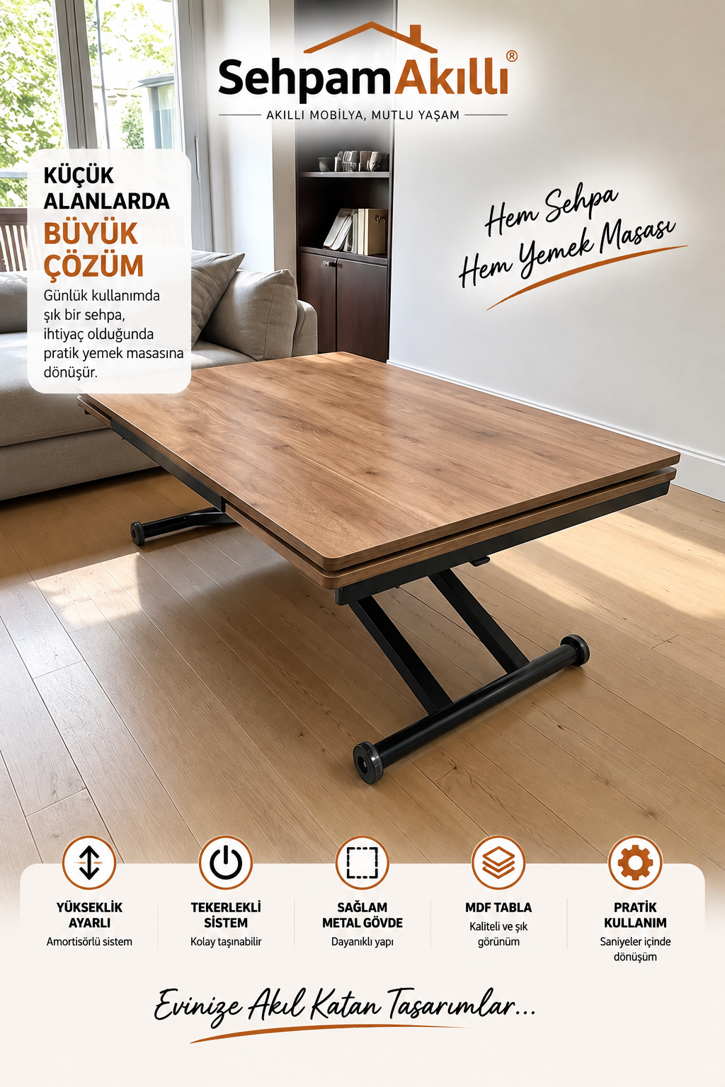Yan Baştan Açılır Akıllı Masa | Ceviz MDF & Siyah Ayak