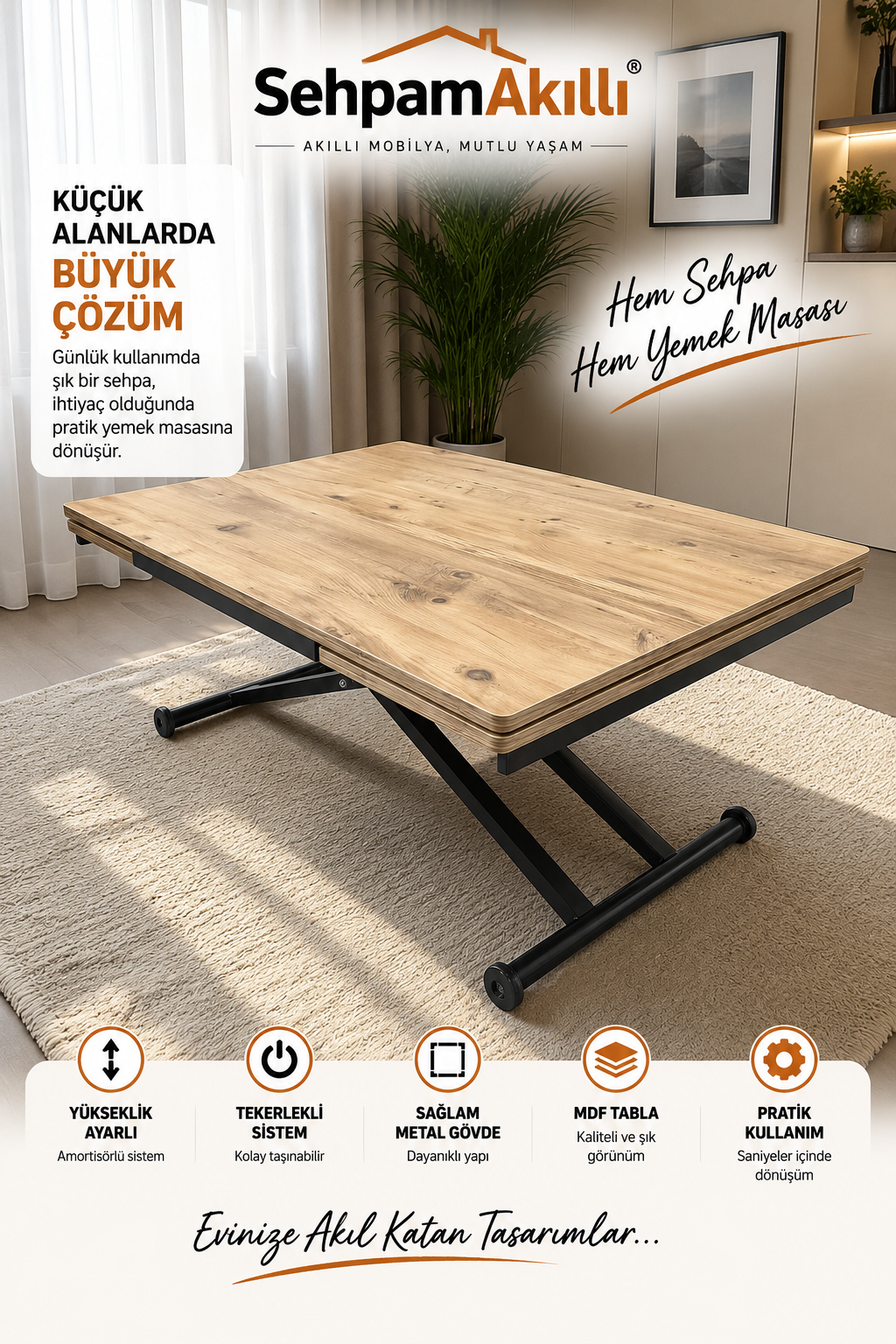 Yan Baştan Açılır Akıllı Masa | EfesÇam MDF & Siyah Ayak