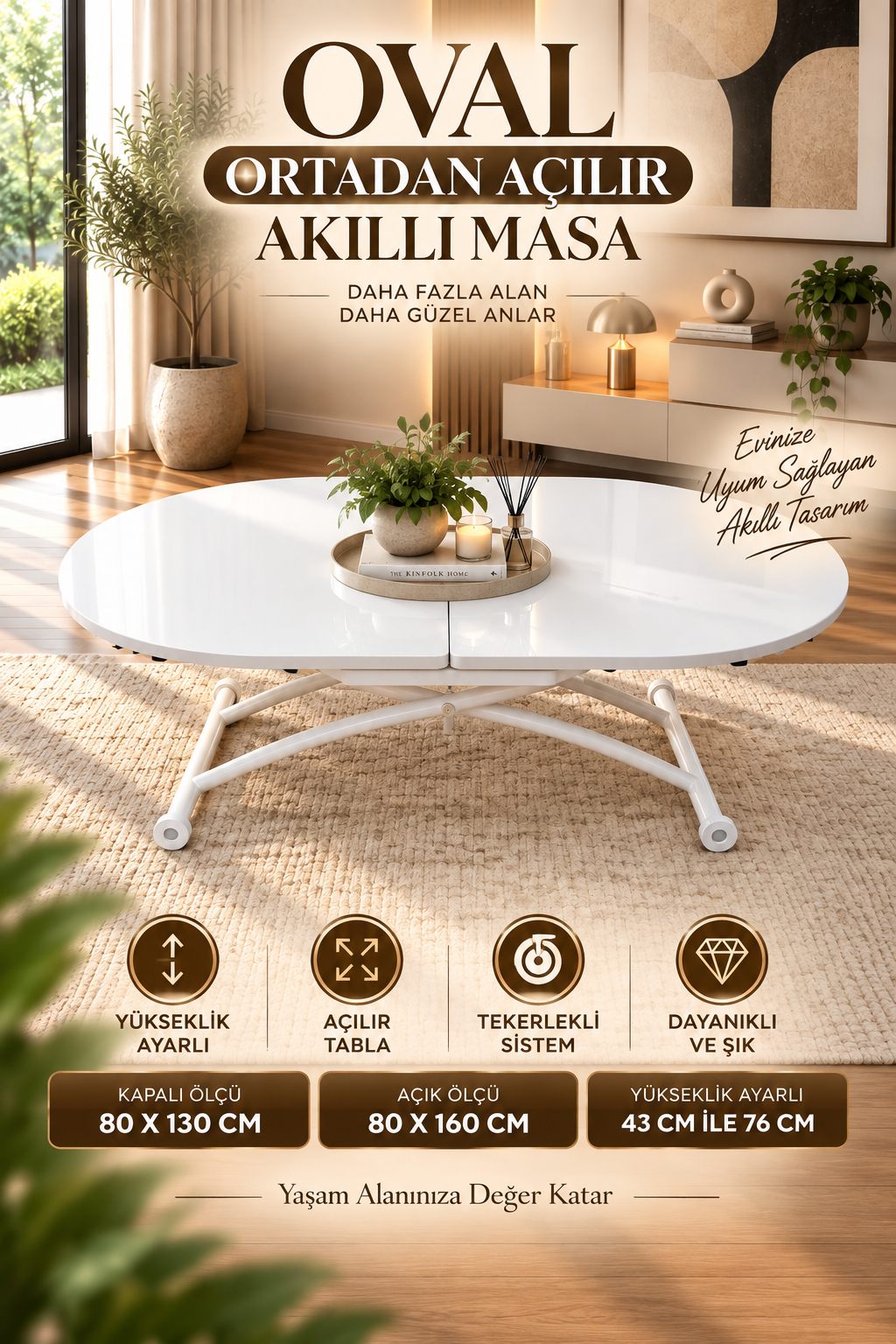 Extendable Oval Smart Table | White Marble MDF & White