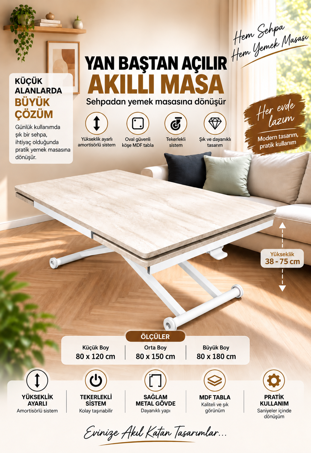 Side Open Smart Table | Travertine MDF Top & White Legs