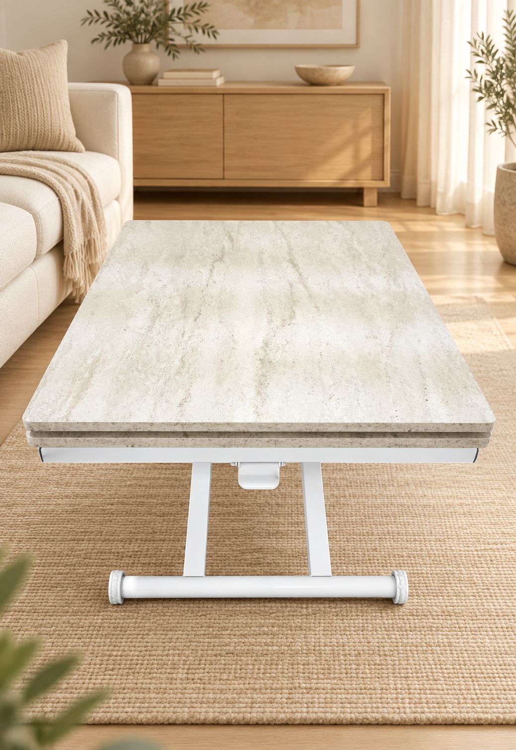 Side Open Smart Table | Travertine MDF Top & White Legs
