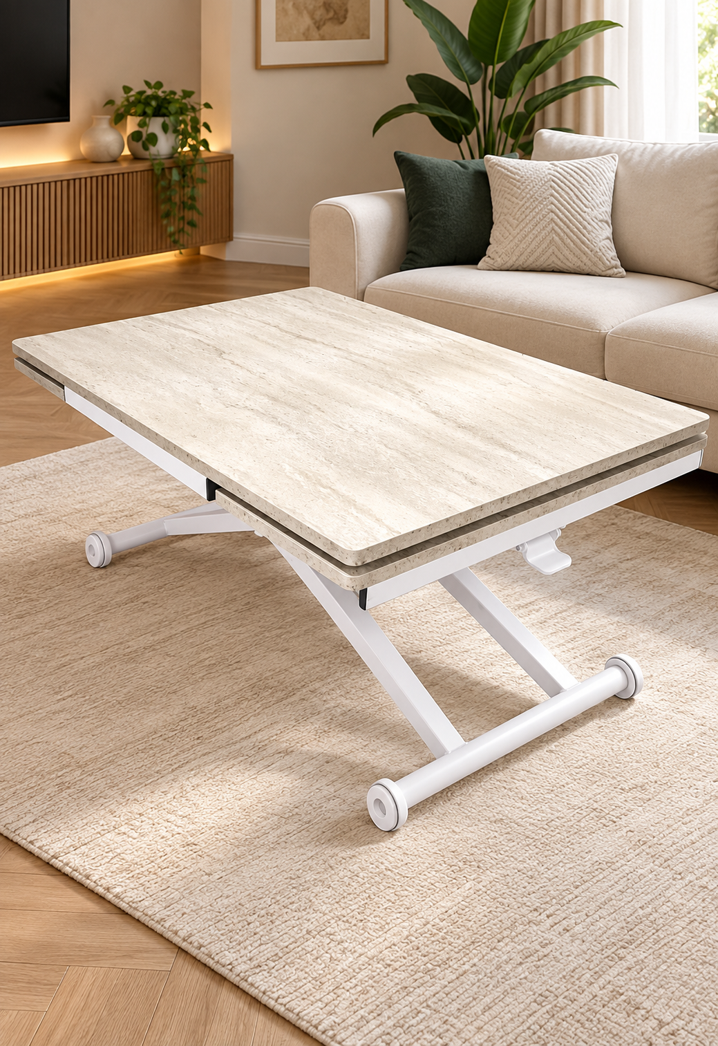 Side Open Smart Table | Travertine MDF Top & White Legs