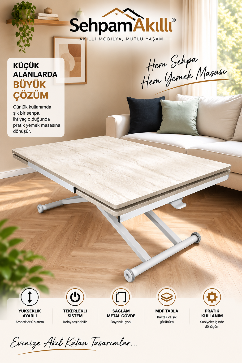 Yan Baştan Açılır Akıllı Masa | Traverten MDF Üst & Beyaz Ayak