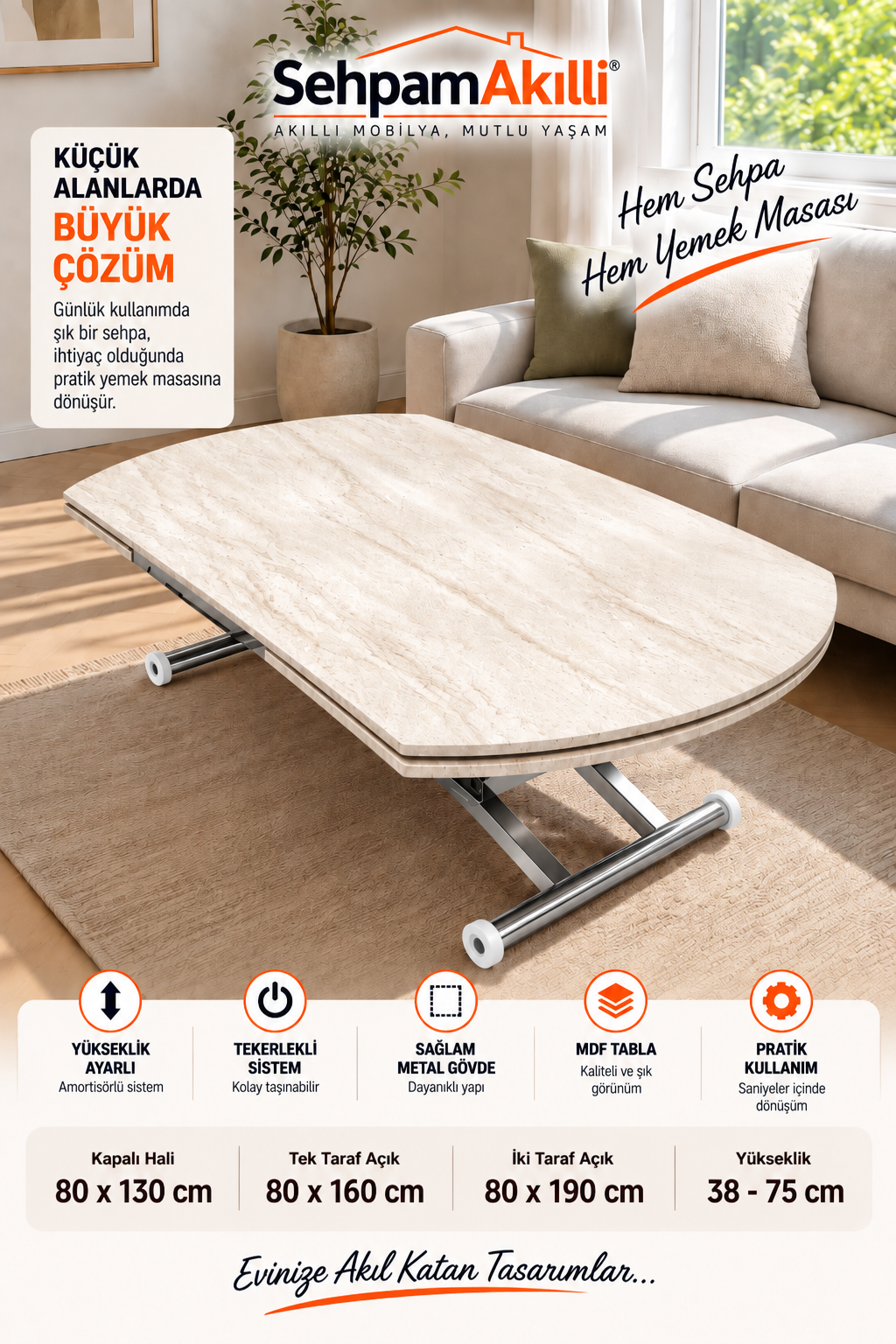 Oval Yan Baştan Açılır Akıllı Masa | Traverten MDF & Krom