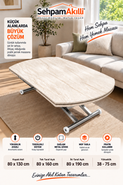 Oval Yan Baştan Açılır Akıllı Masa | Traverten MDF & Krom