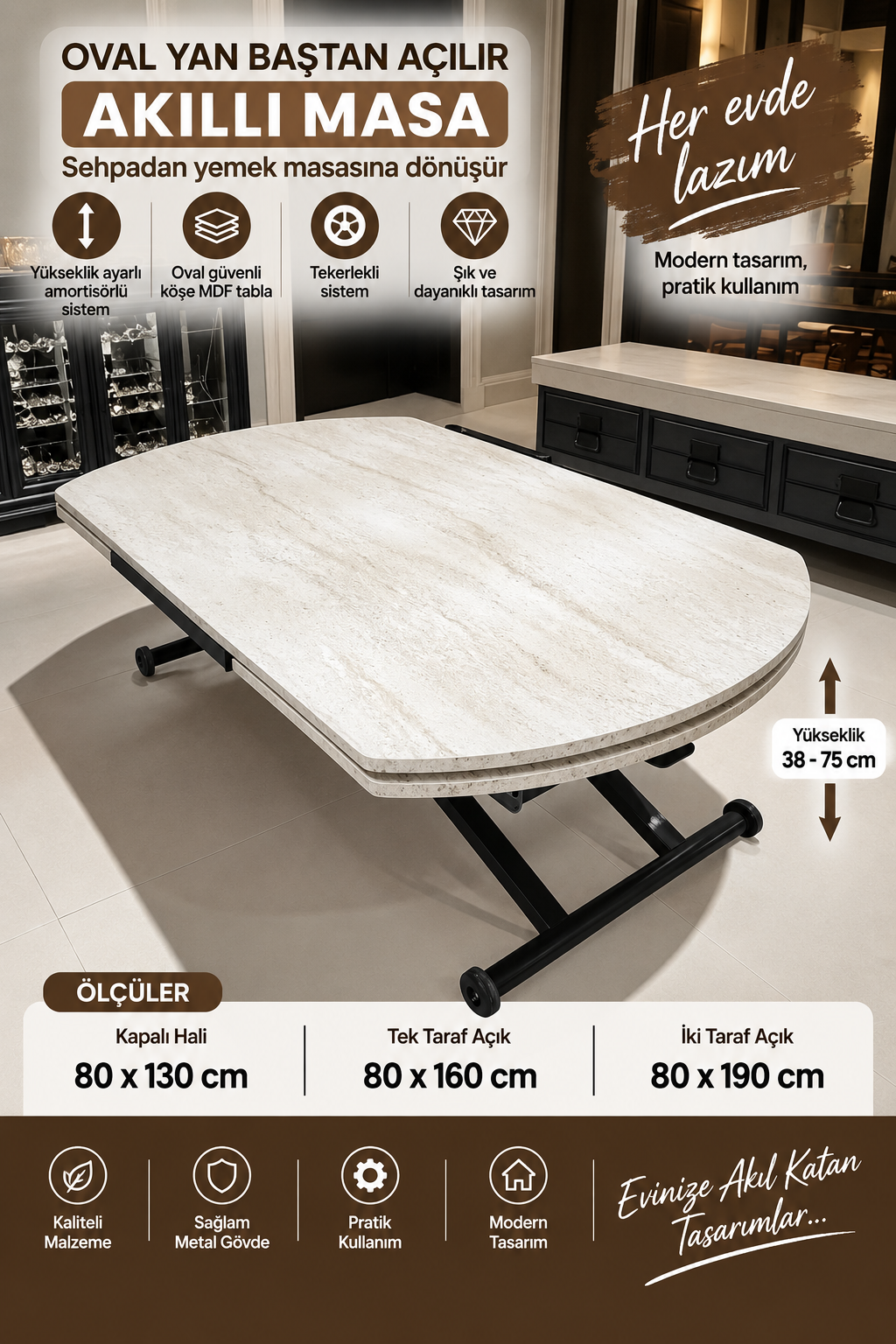Oval Yan Baştan Açılır Akıllı Masa | Traverten MDF & Siyah