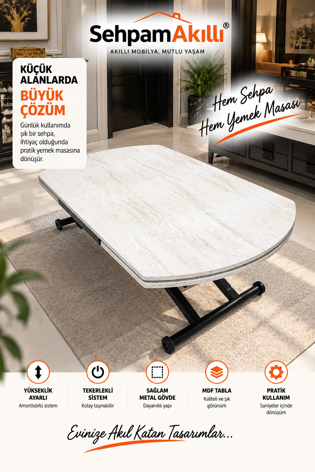 Oval Yan Baştan Açılır Akıllı Masa | Traverten MDF & Siyah