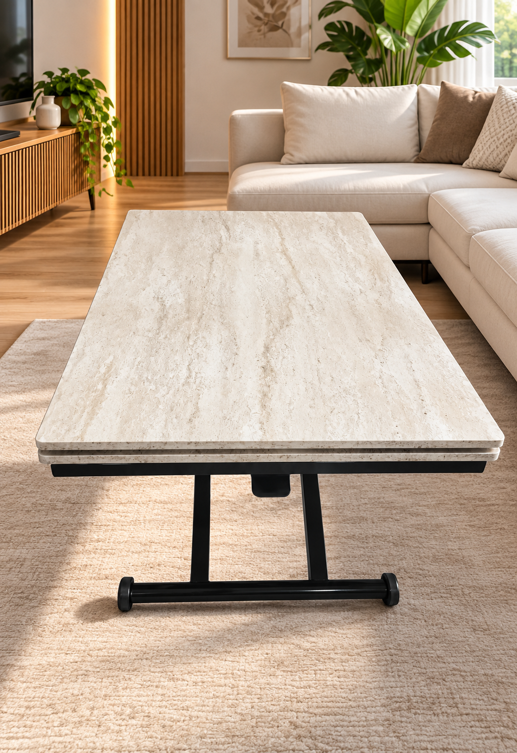 Side Opening Smart Table | Travertine MDF & Black Legs