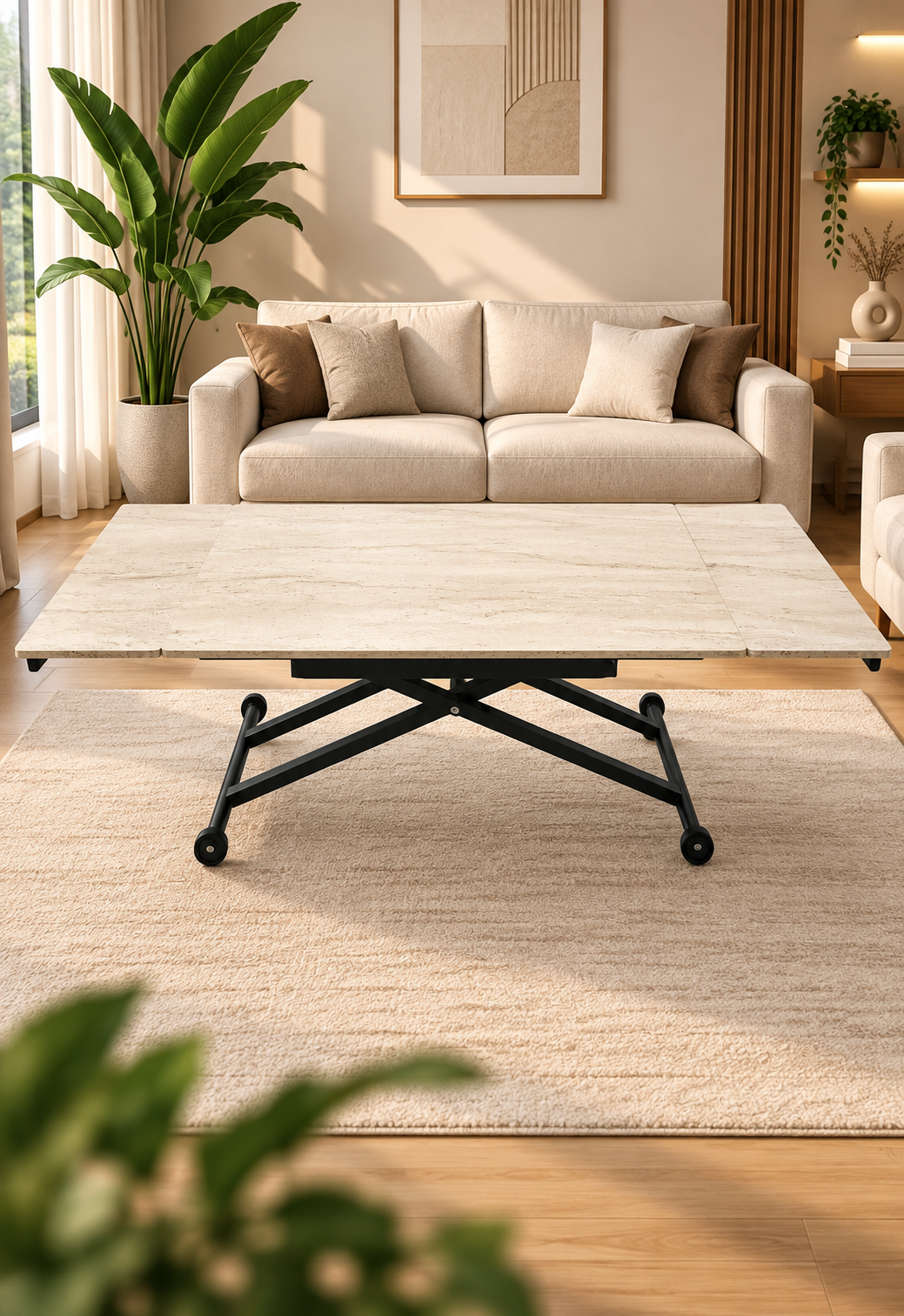 Side Opening Smart Table | Travertine MDF & Black Legs