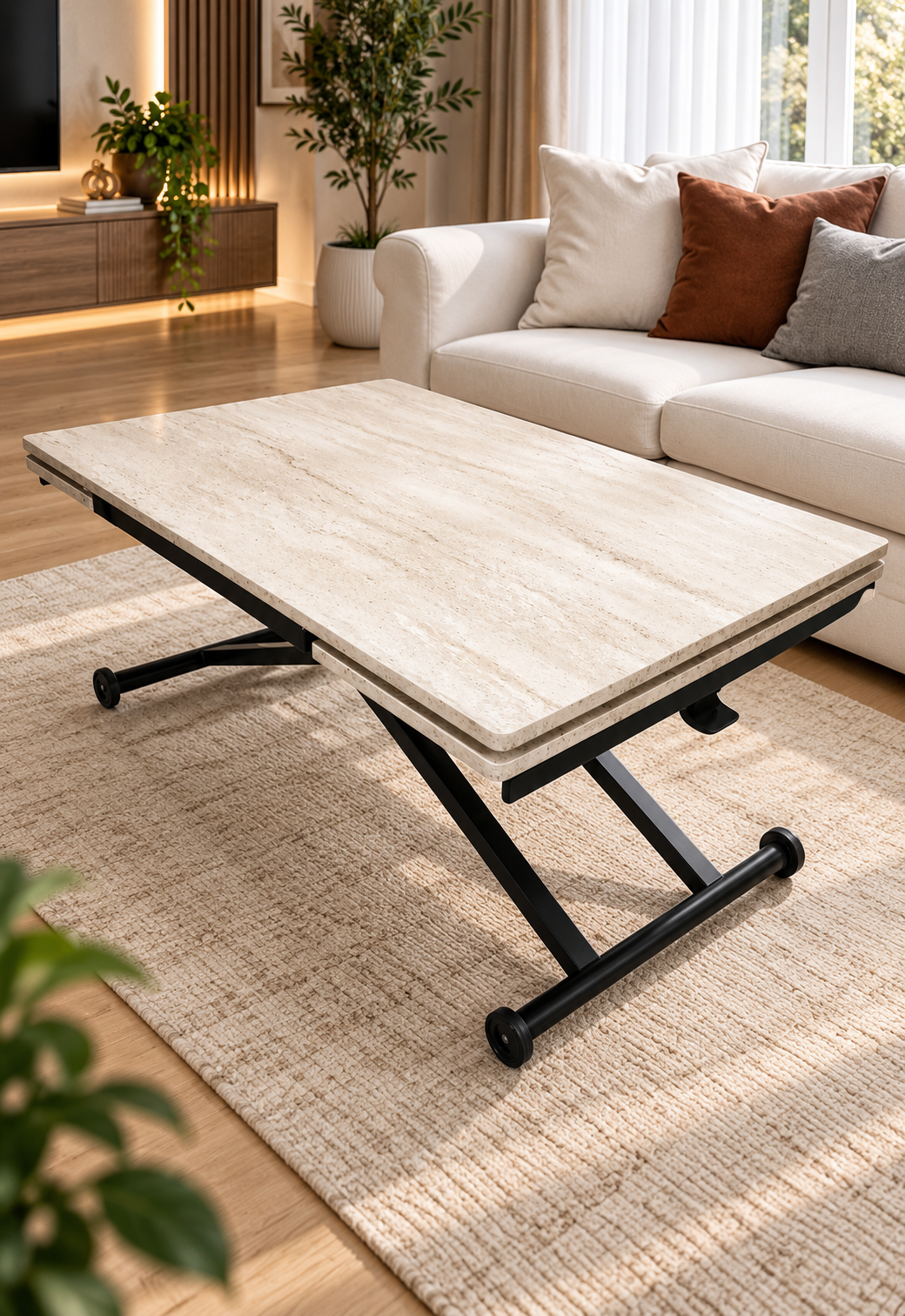 Side Opening Smart Table | Travertine MDF & Black Legs