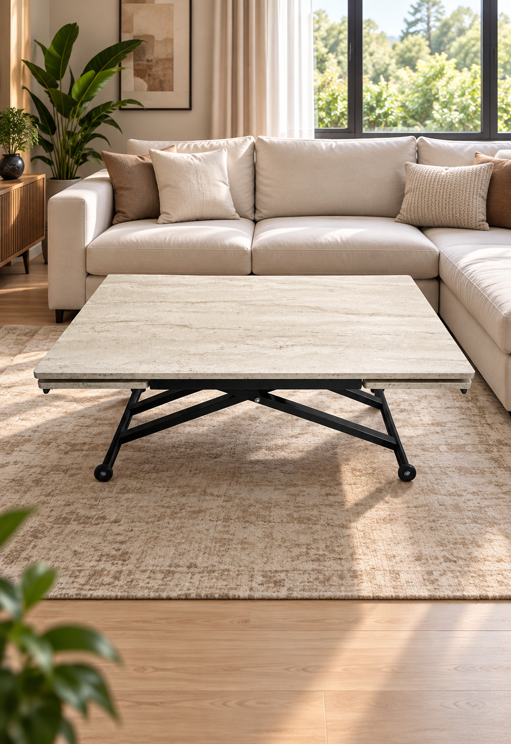 Side Opening Smart Table | Travertine MDF & Black Legs