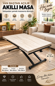 Side Opening Smart Table | Travertine MDF & Black Legs