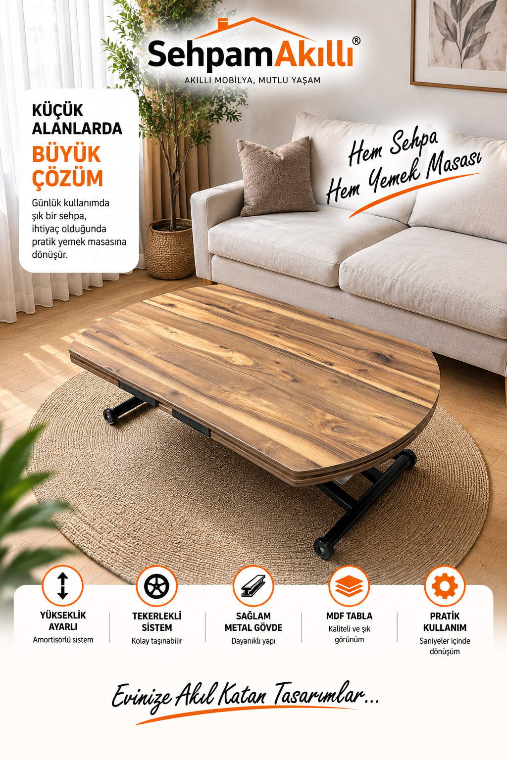 Oval Yan Baştan Açılır Akıllı Masa |Urartu & Siyah
