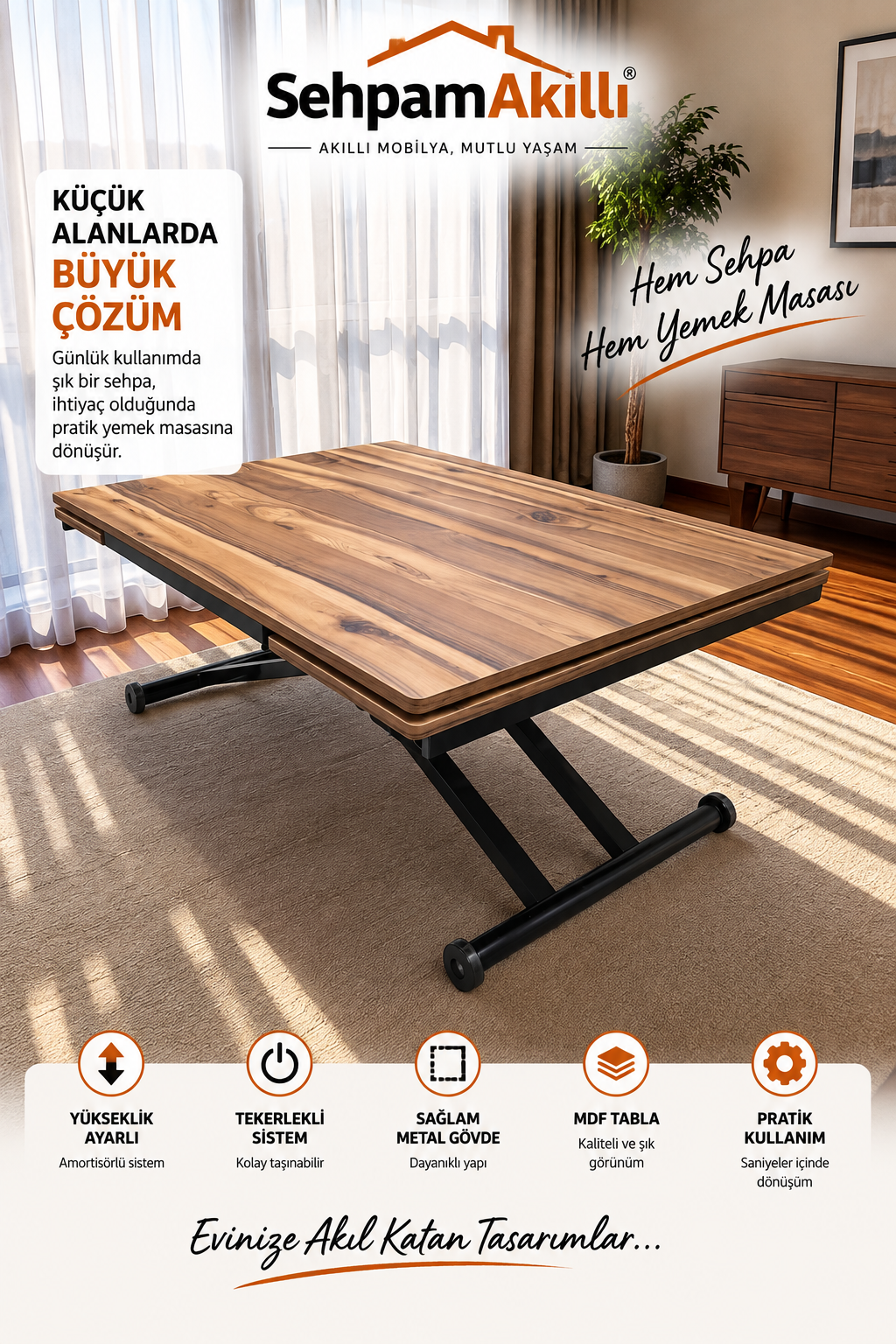 Yan Baştan Açılır Akıllı Masa | Urartu MDF & Siyah Ayak