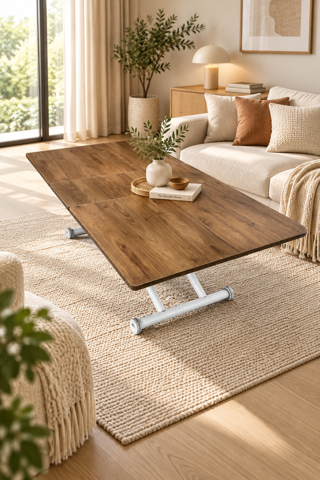 Mid-Opening Square Smart Table | Walnut MDF & White