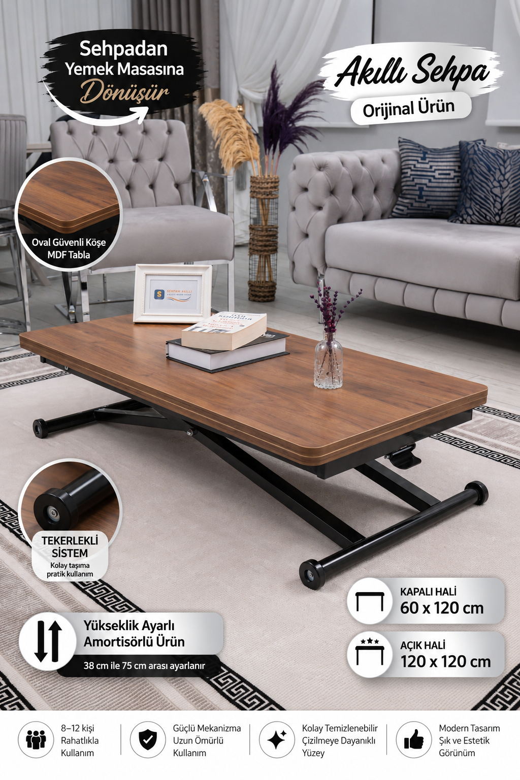 Home Akıllı Sehpa – Ceviz MDF Üst & Siyah Metal Ayak