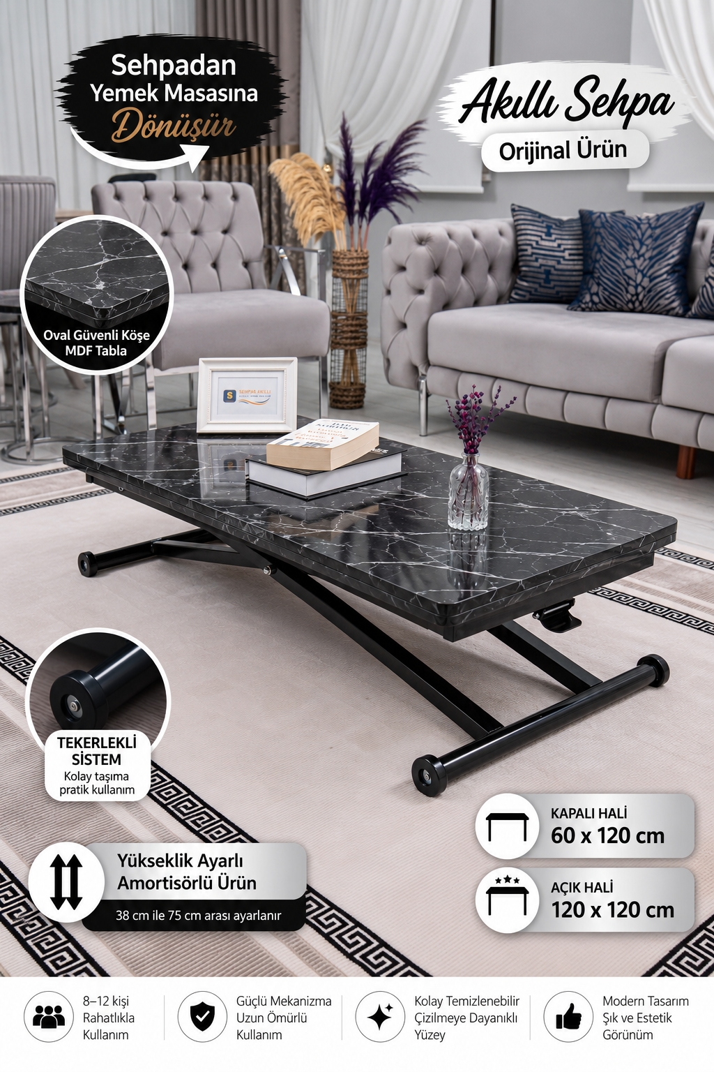 Home Smart Coffee Table – Black Marble MDF Top & Black Metal Leg