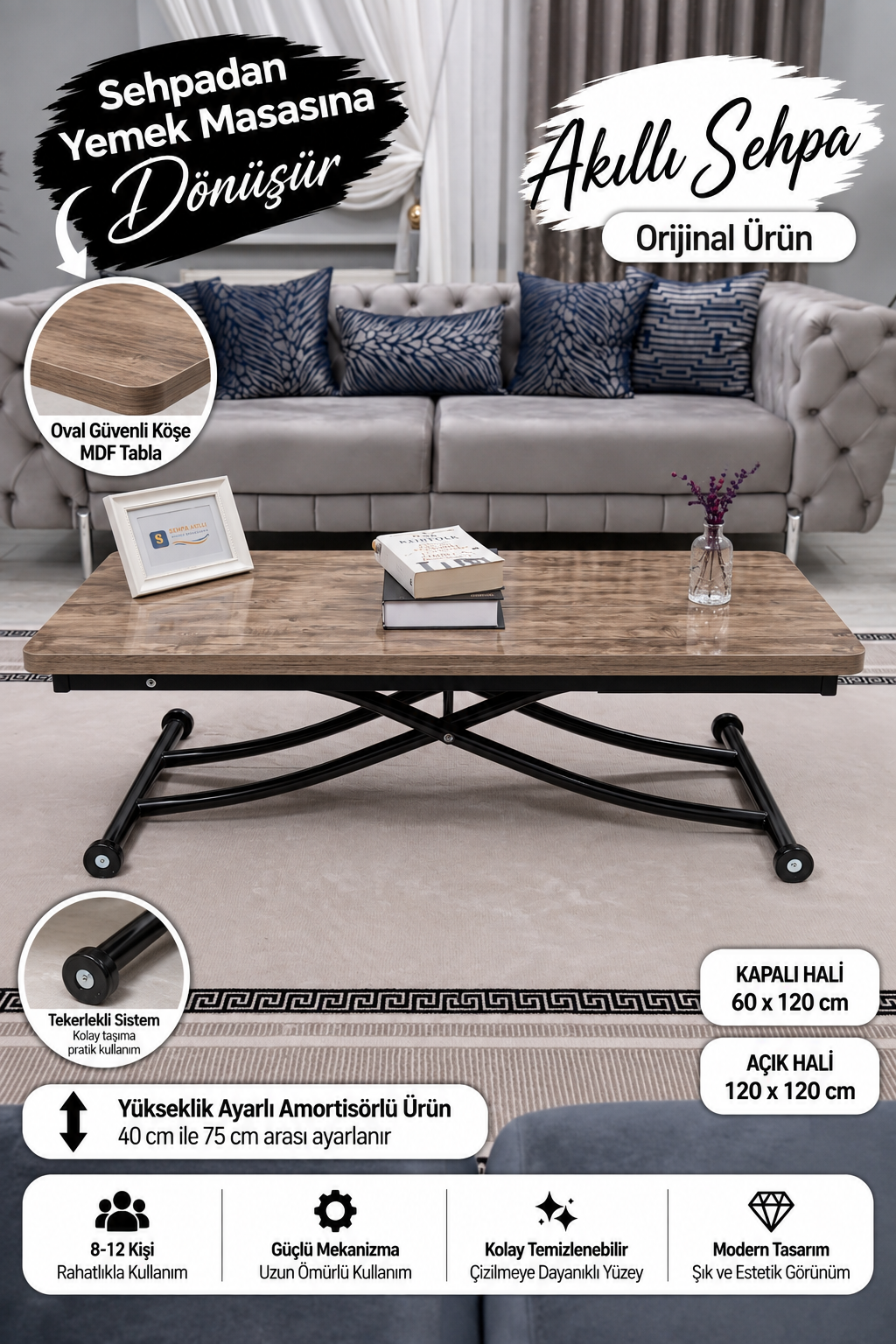 Juppo Smart Coffee Table - Antiklayt MDF Top & Black Metal Legs