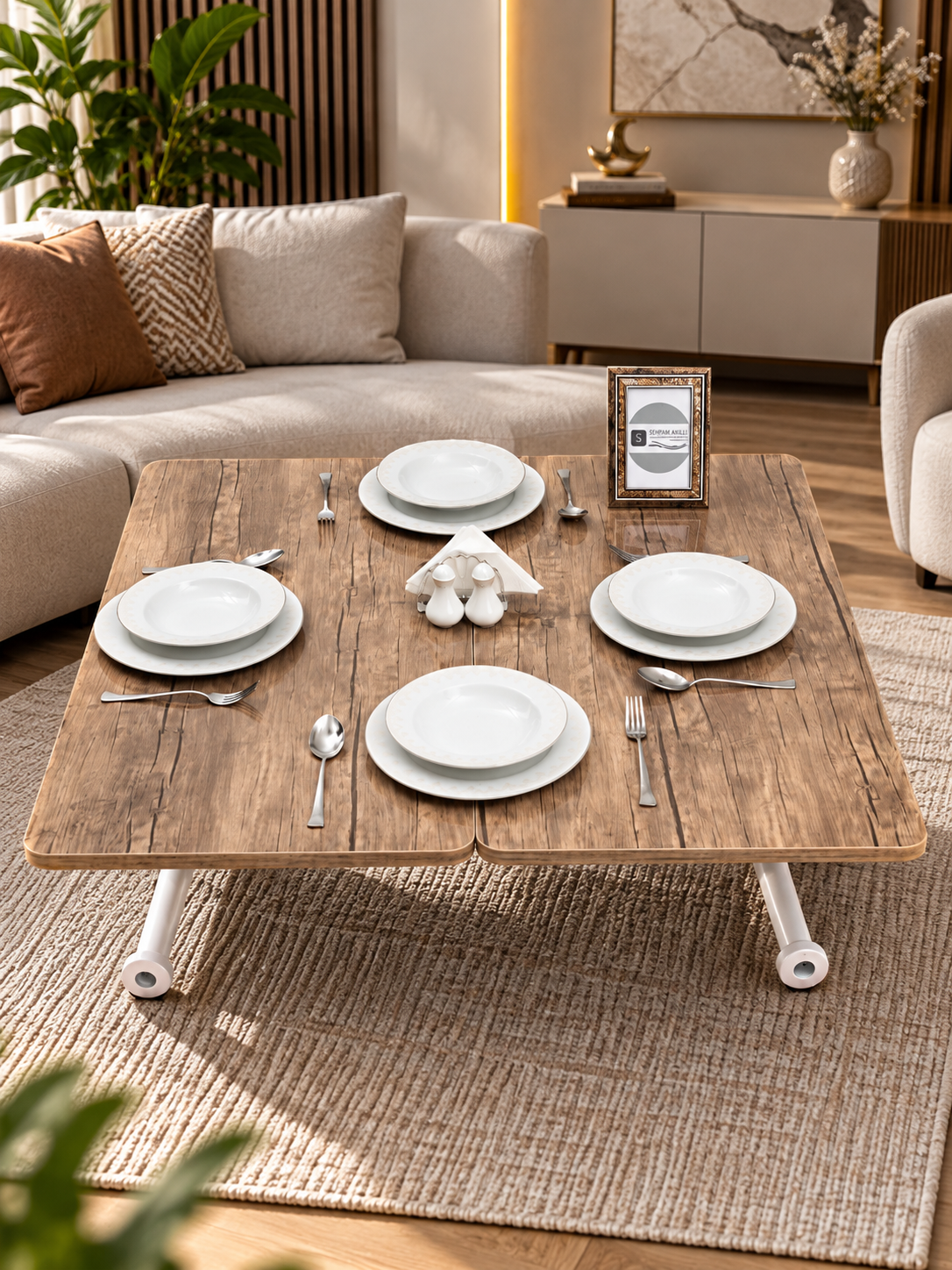 Mini Juppo Smart Coffee Table – Antique Light MDF Top & White Outwardly Curved Metal Legs