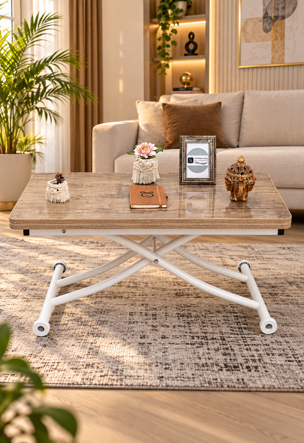 Mini Juppo Smart Coffee Table – Antique Light MDF Top & White Metal Legs