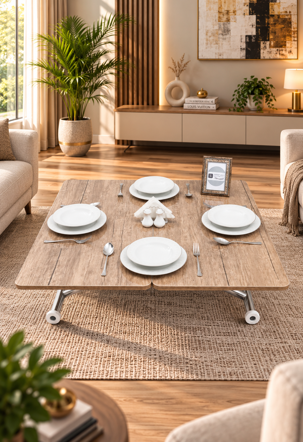 Mini Juppo Smart Coffee Table – Antique Light MDF Top & Chrome-Plated Outwardly Curved Leg
