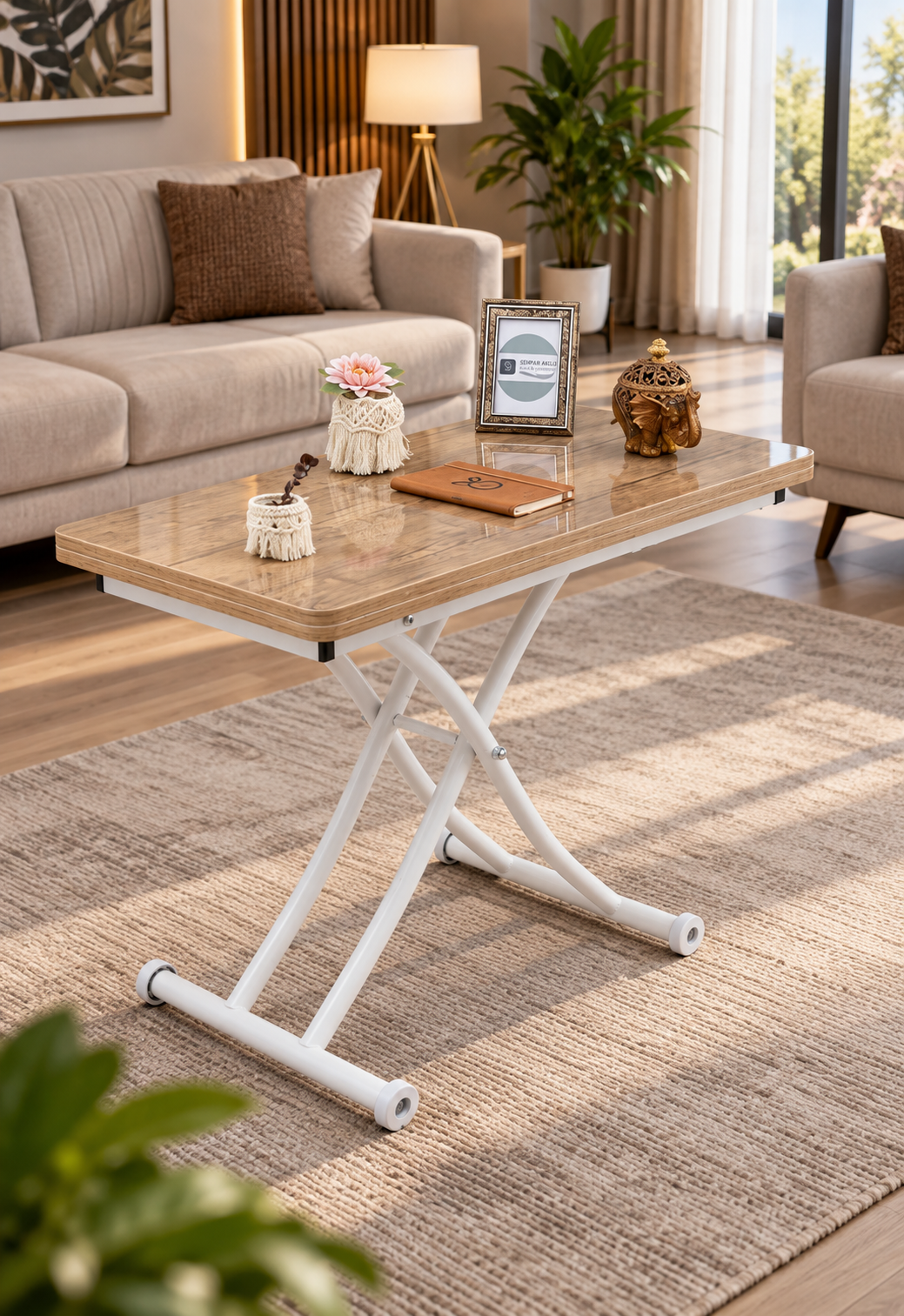 Mini Juppo Smart Coffee Table – Antique Light MDF Top & White Metal Legs