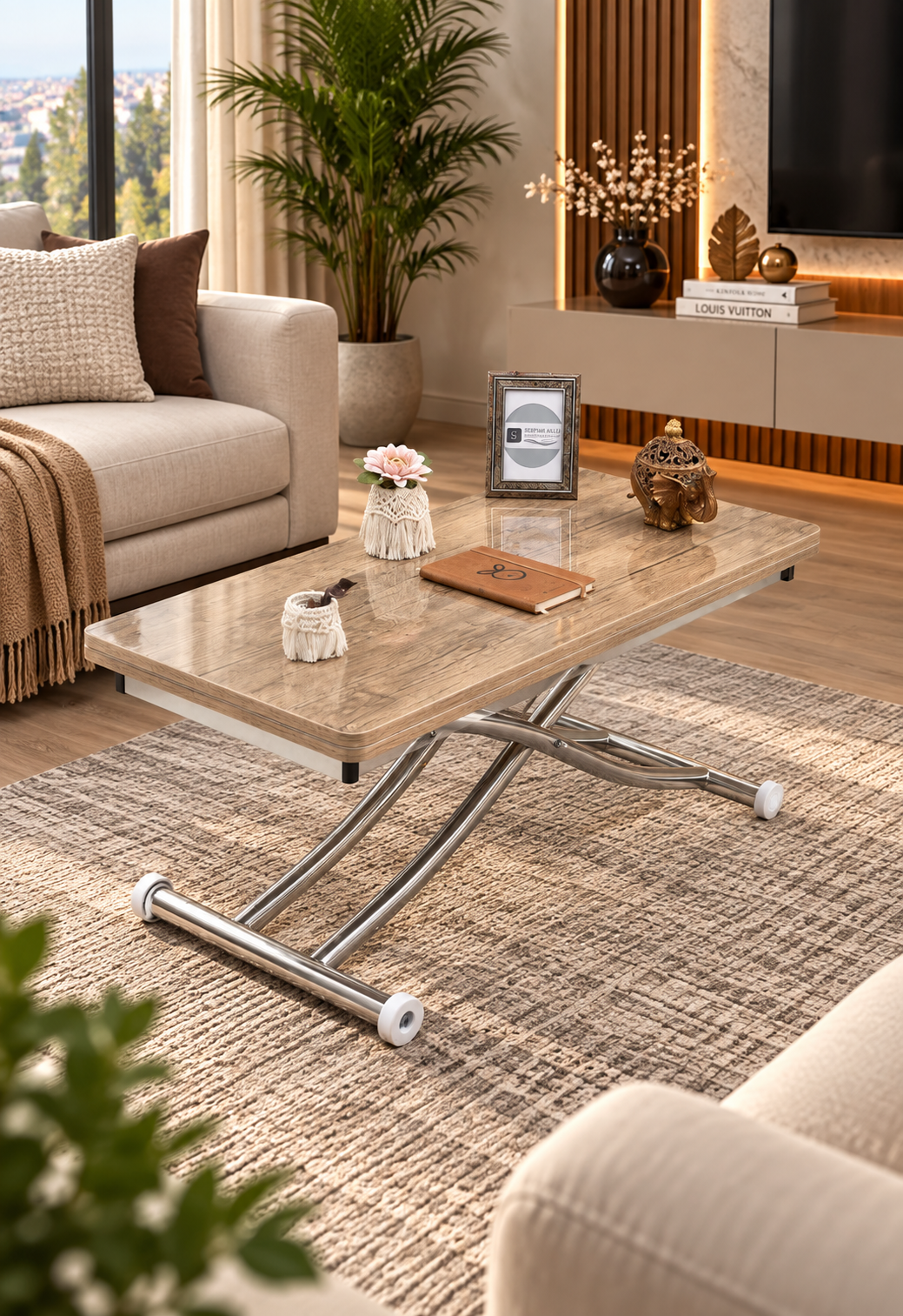 Mini Juppo Smart Coffee Table - Antiquelite MDF Top & Chrome-Plated Metal Legs