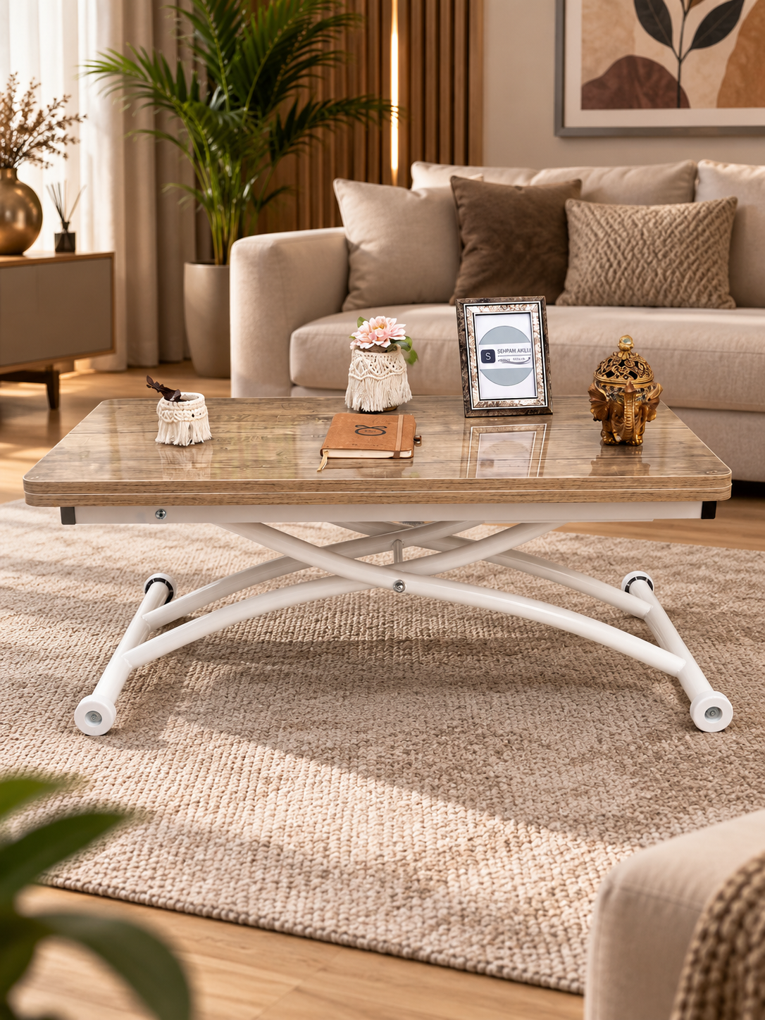 Mini Juppo Smart Coffee Table – Antique Light MDF Top & White Outwardly Curved Metal Legs