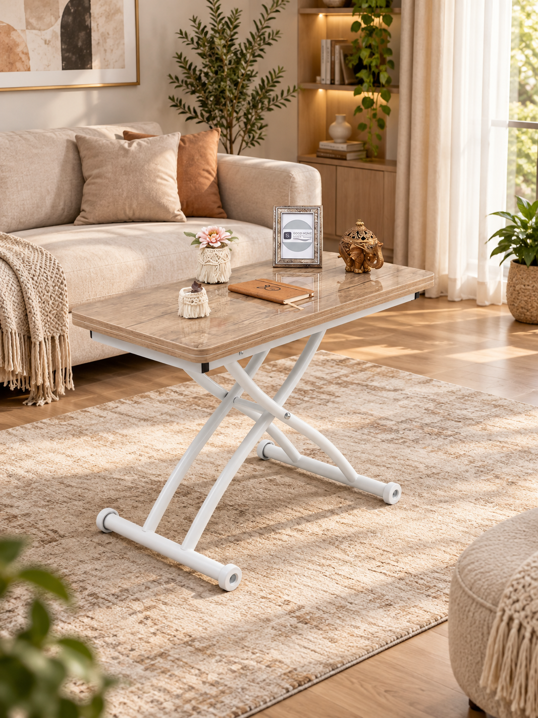 Mini Juppo Smart Coffee Table – Antique Light MDF Top & White Outwardly Curved Metal Legs