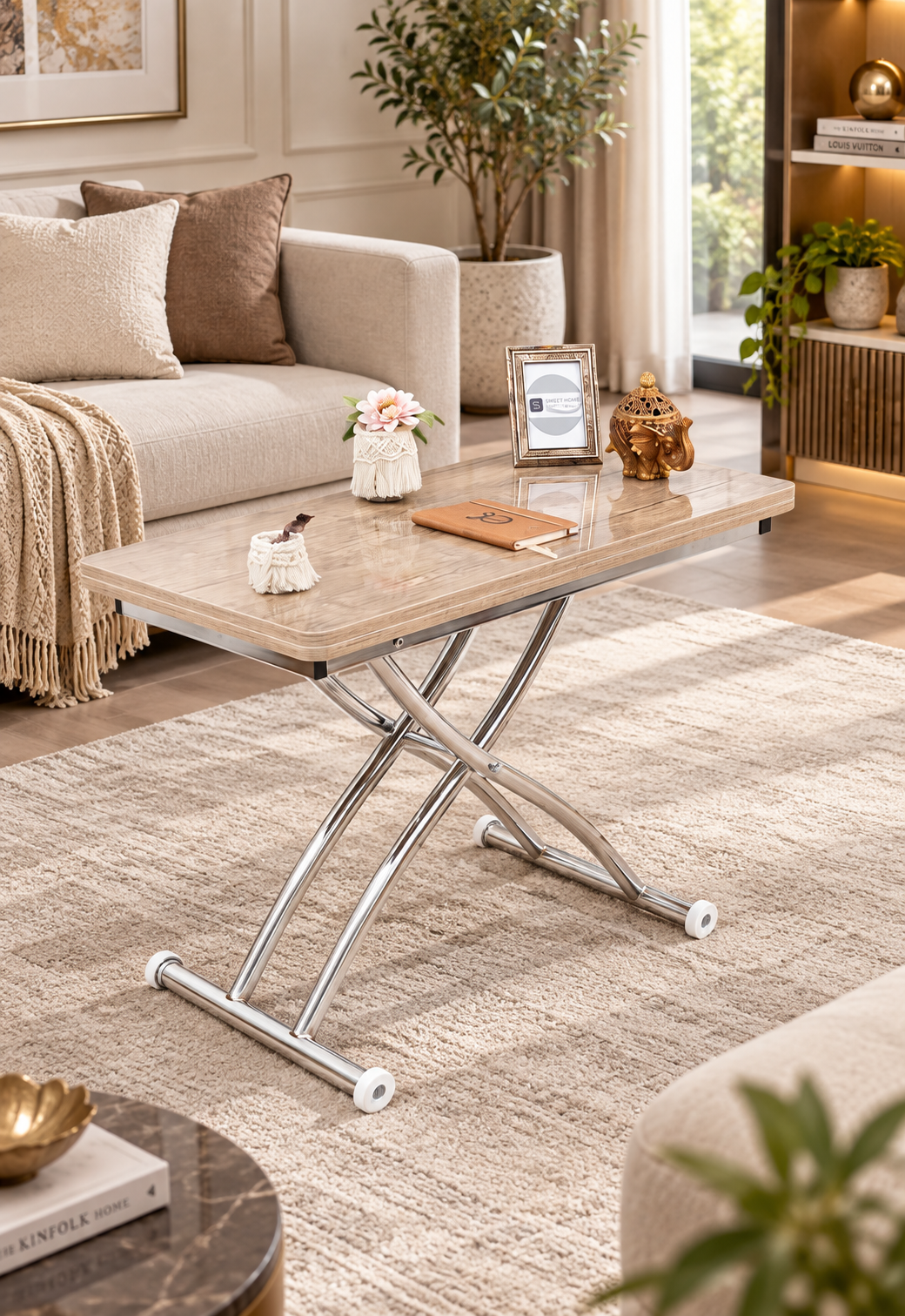Mini Juppo Smart Coffee Table – Antique Light MDF Top & Chrome-Plated Outwardly Curved Leg