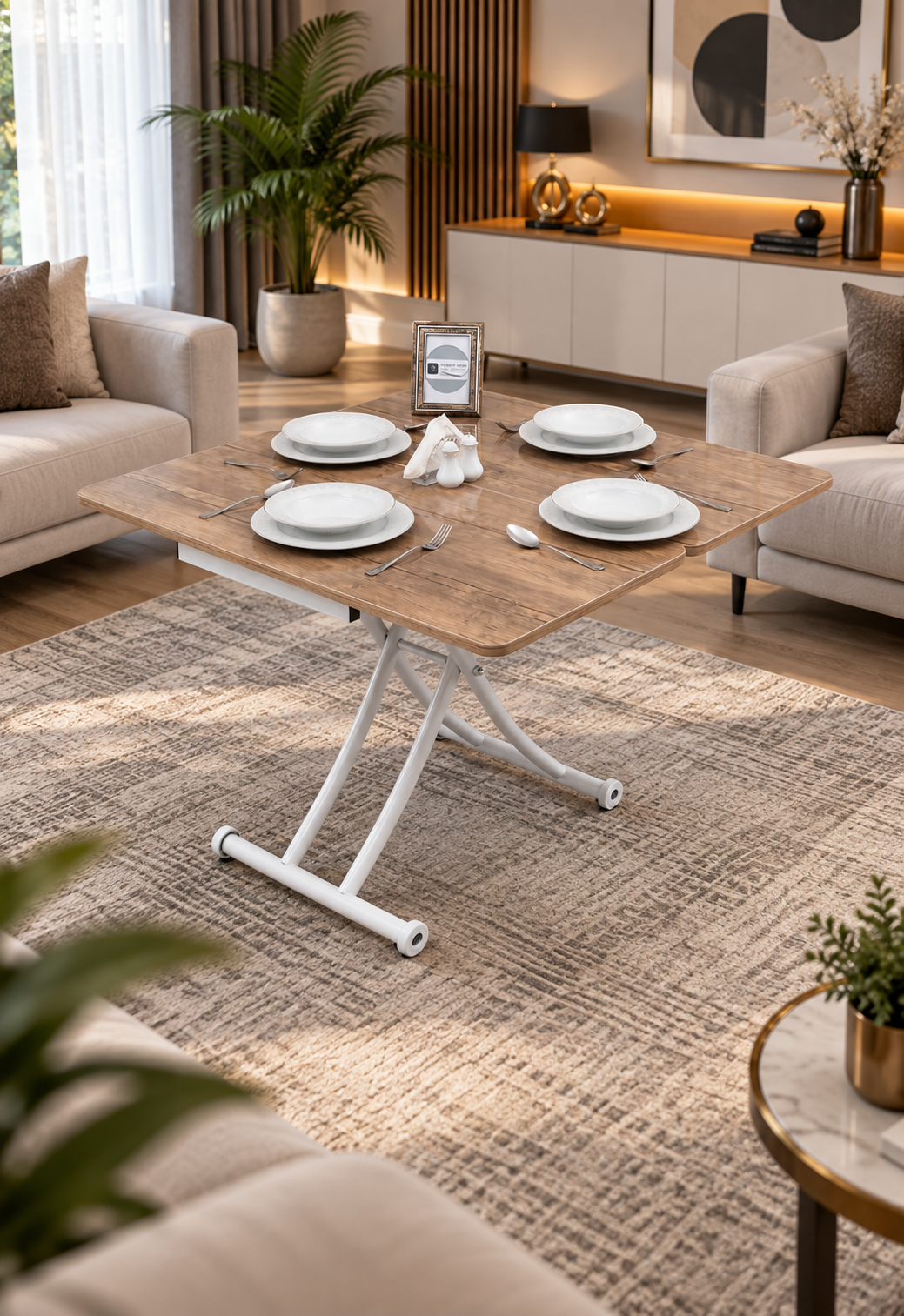 Mini Juppo Smart Coffee Table – Antique Light MDF Top & White Metal Legs