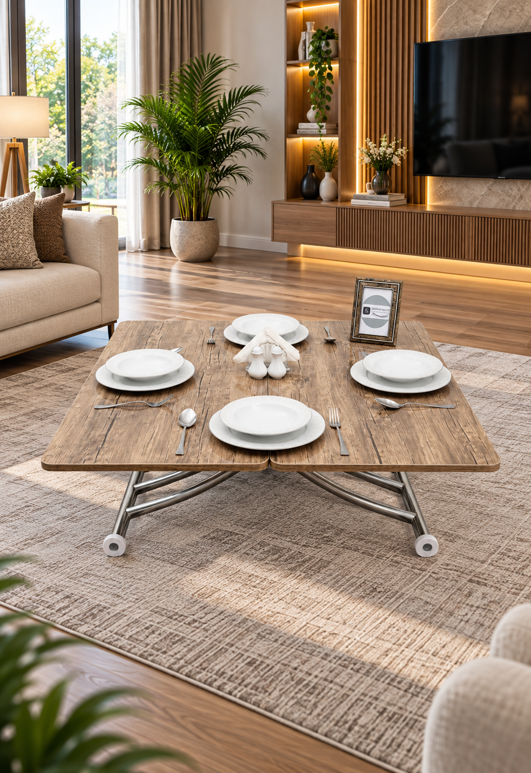 Mini Juppo Smart Coffee Table - Antiquelite MDF Top & Chrome-Plated Metal Legs