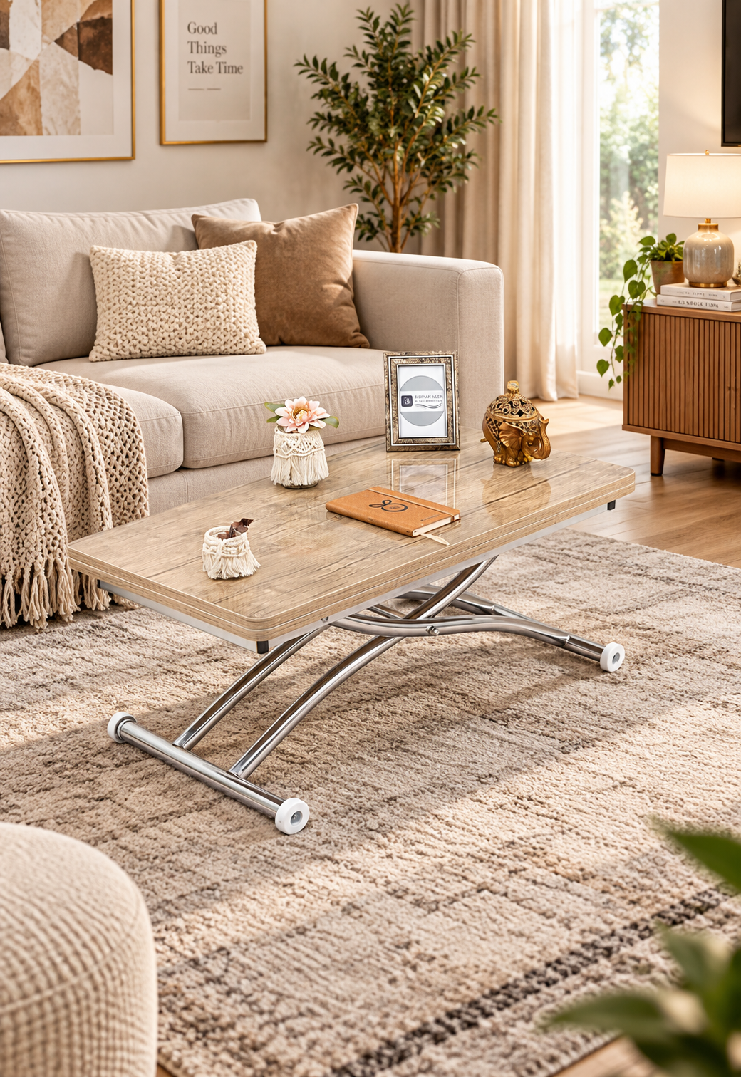 Mini Juppo Smart Coffee Table – Antique Light MDF Top & Chrome-Plated Outwardly Curved Leg