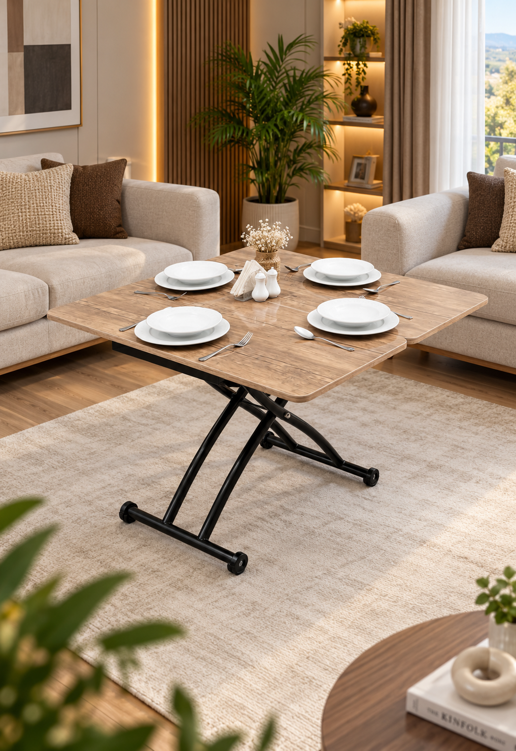 Mini Juppo Smart Coffee Table – Antique Light MDF Top & Black Outward Curved Metal Leg