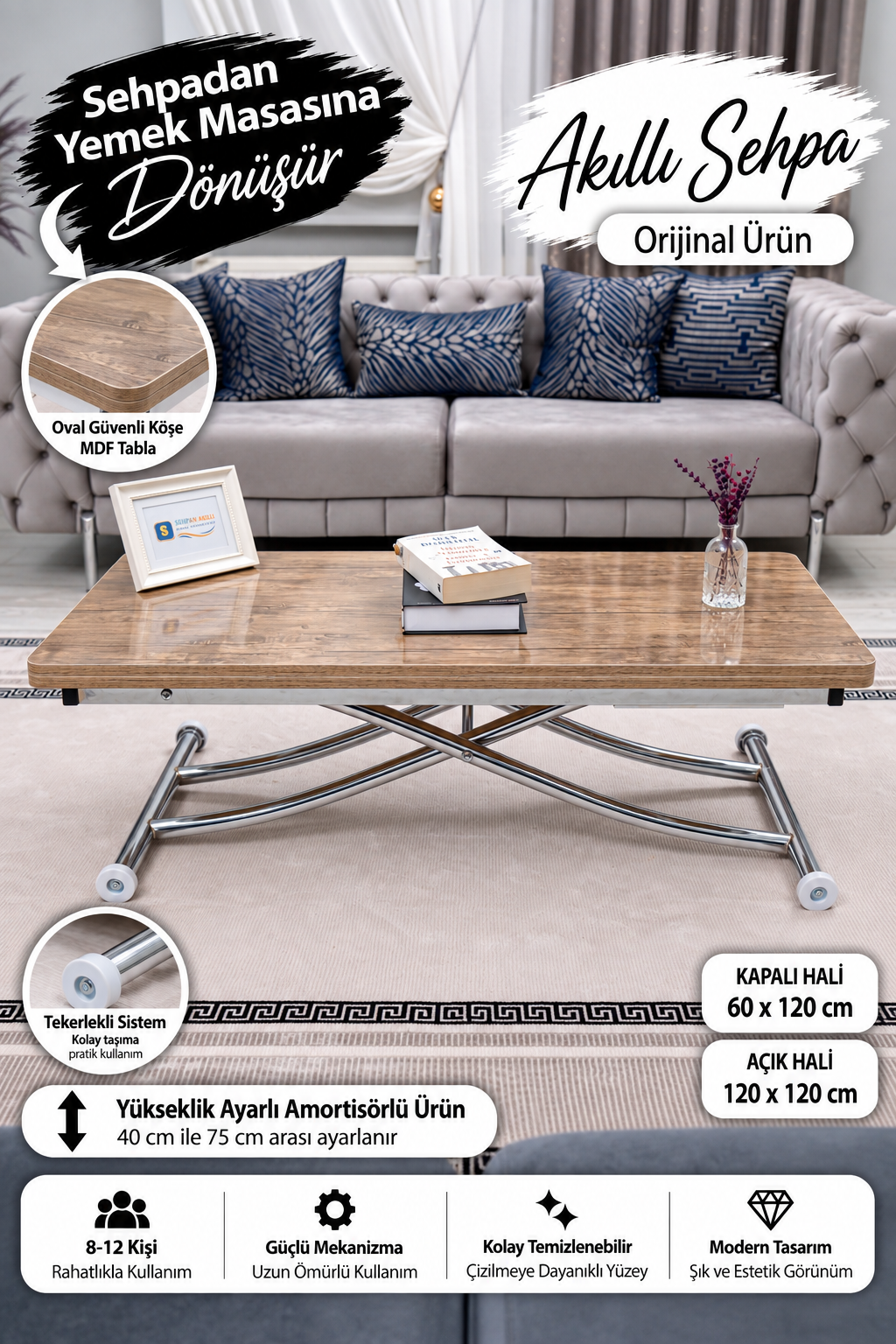 Juppo Smart Coffee Table – Anti-Scratch MDF Top & Chrome Metal Leg