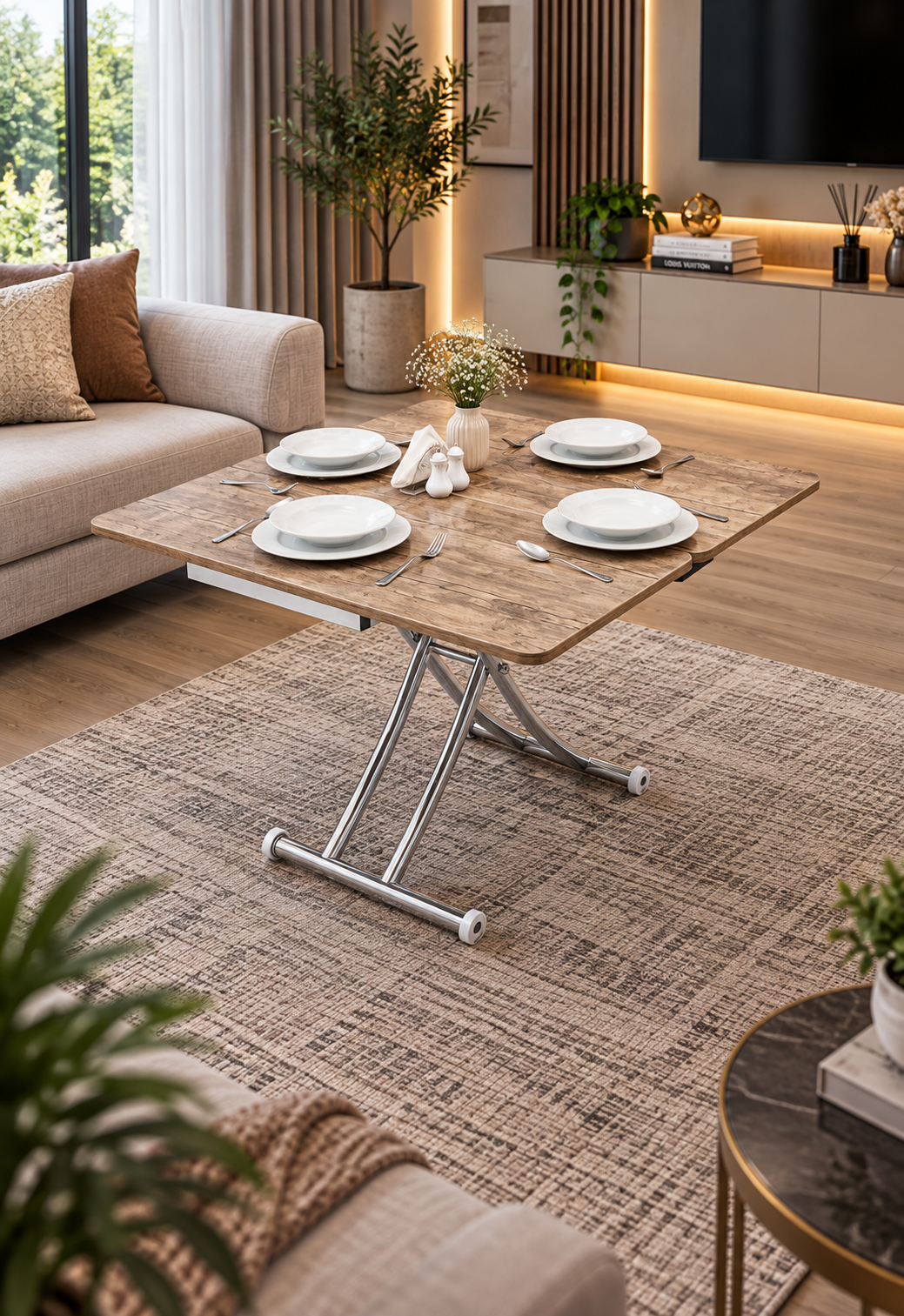 Mini Juppo Smart Coffee Table - Antiquelite MDF Top & Chrome-Plated Metal Legs