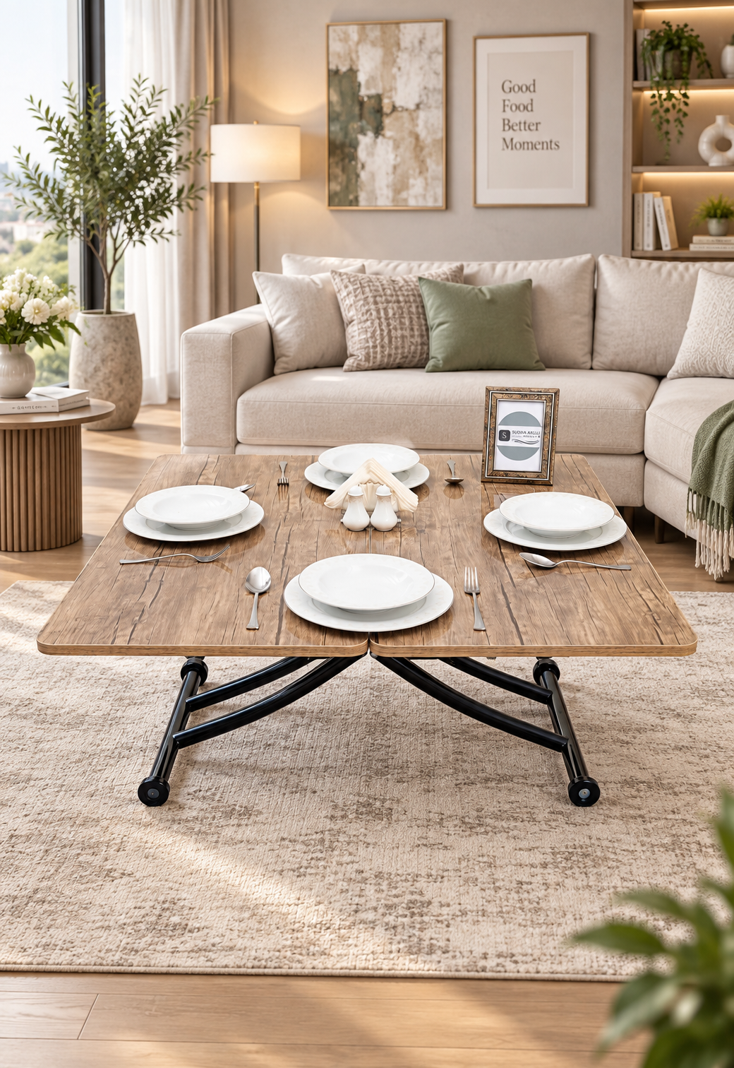 Mini Juppo Smart Coffee Table – Antique Light MDF Top & Black Metal Leg