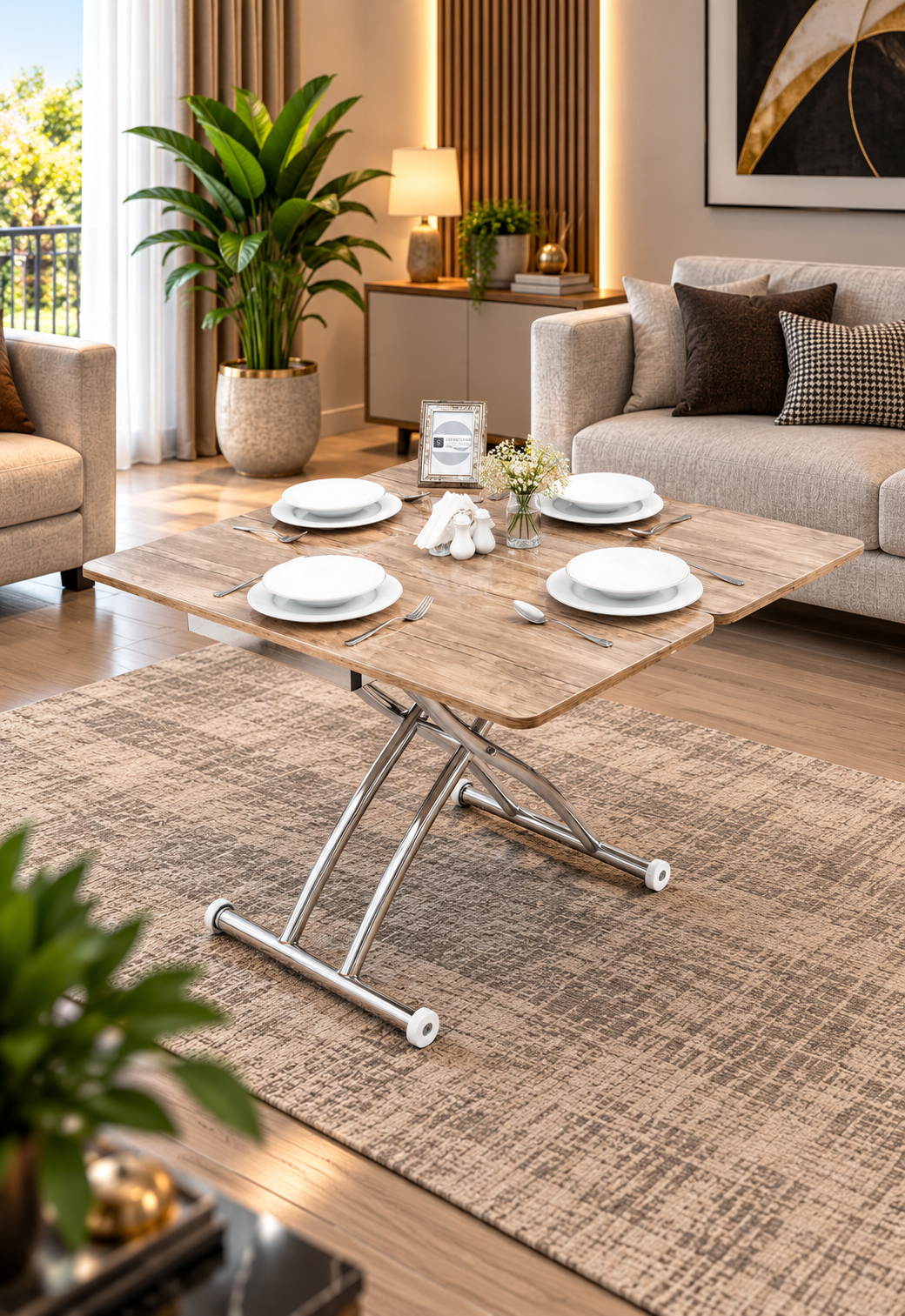 Mini Juppo Smart Coffee Table – Antique Light MDF Top & Chrome-Plated Outwardly Curved Leg