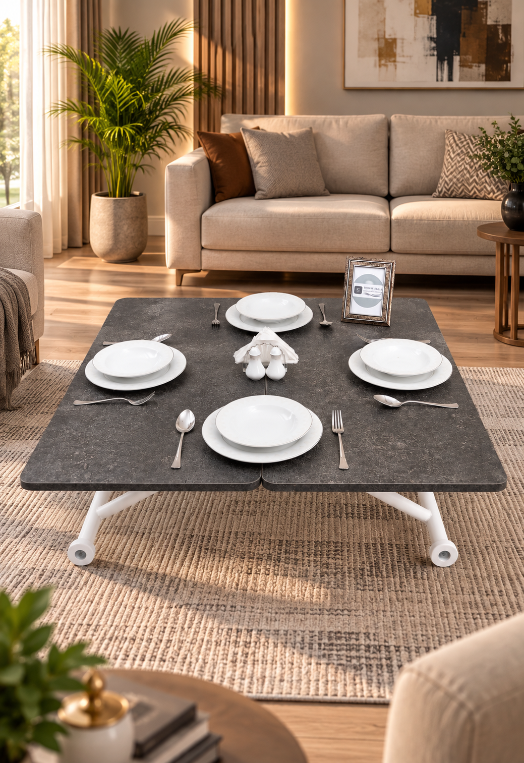 Mini Juppo Smart Coffee Table – Anthracite Grooved MDF Top & White Outward-Curved Metal Legs