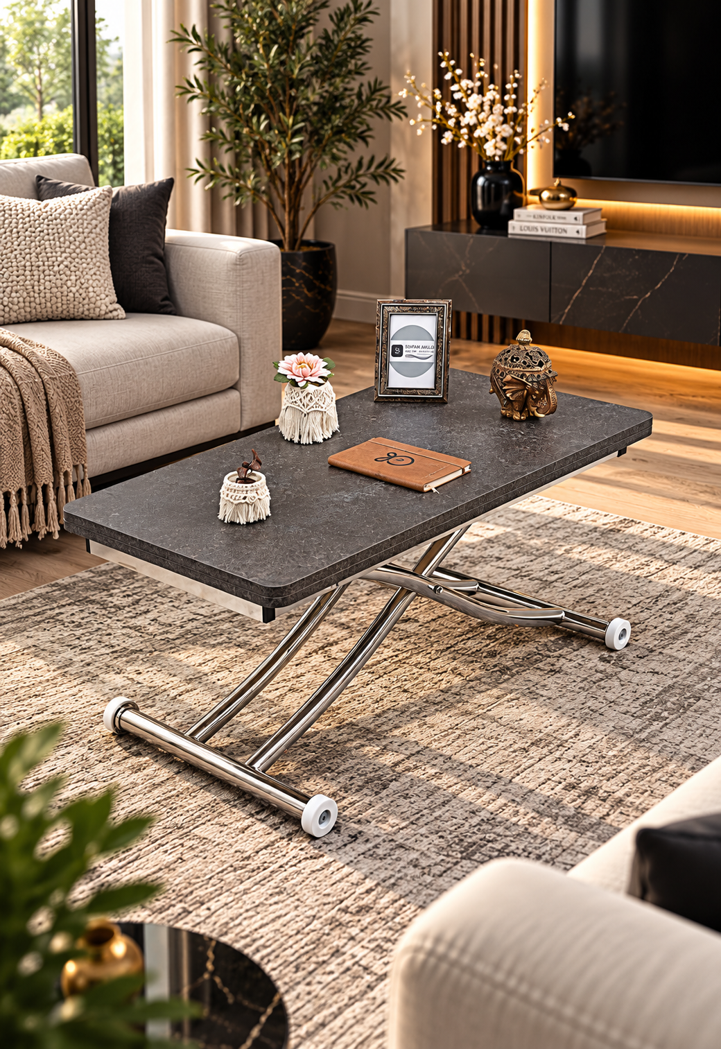 Mini Juppo Smart Coffee Table – Milled Anthracite MDF Top & Chrome Plated Metal Leg