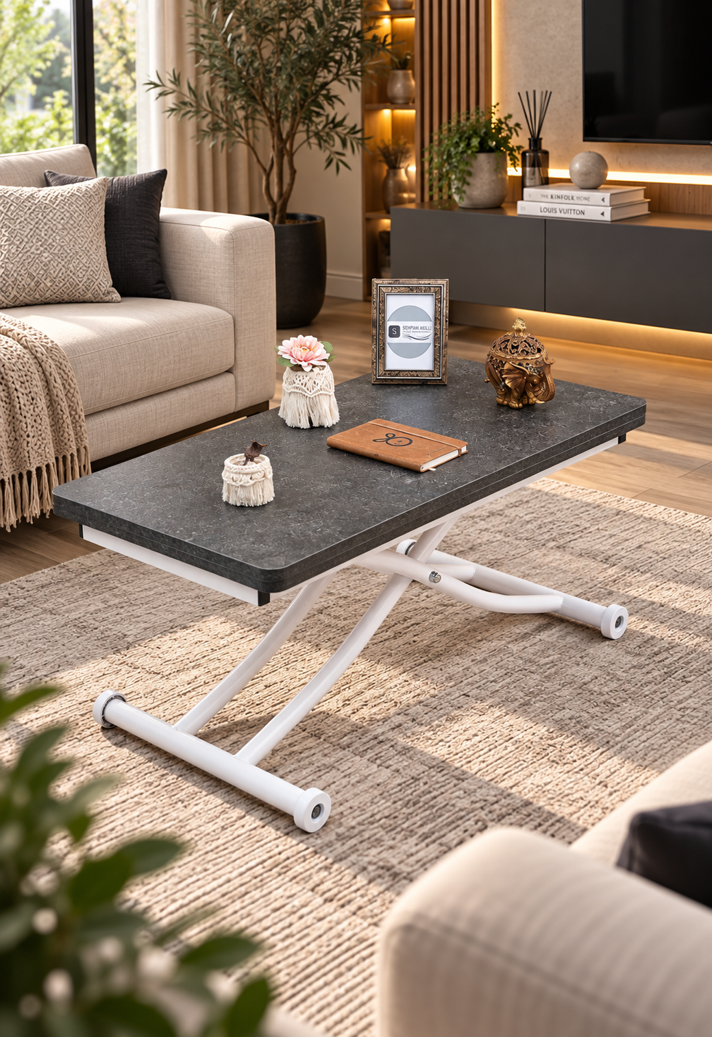 Mini Juppo Smart Coffee Table – Routered Anthracite MDF Top & White Metal Legs