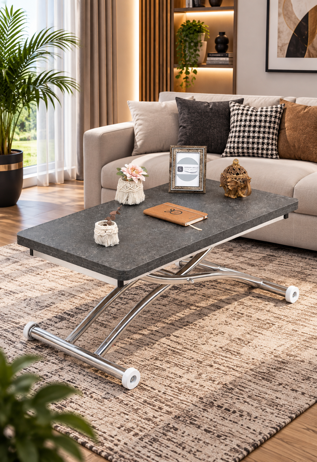 Mini Juppo Smart Coffee Table – Milled Anthracite MDF Top & Chrome-Plated Outward-Curved Leg