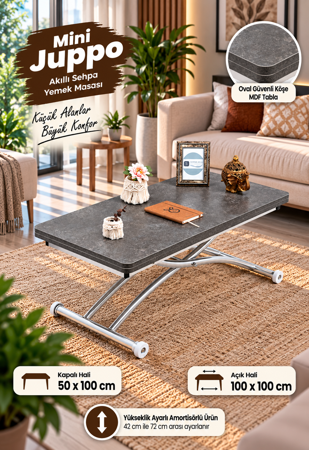 Mini Juppo Smart Coffee Table – Milled Anthracite MDF Top & Chrome-Plated Outward-Curved Leg